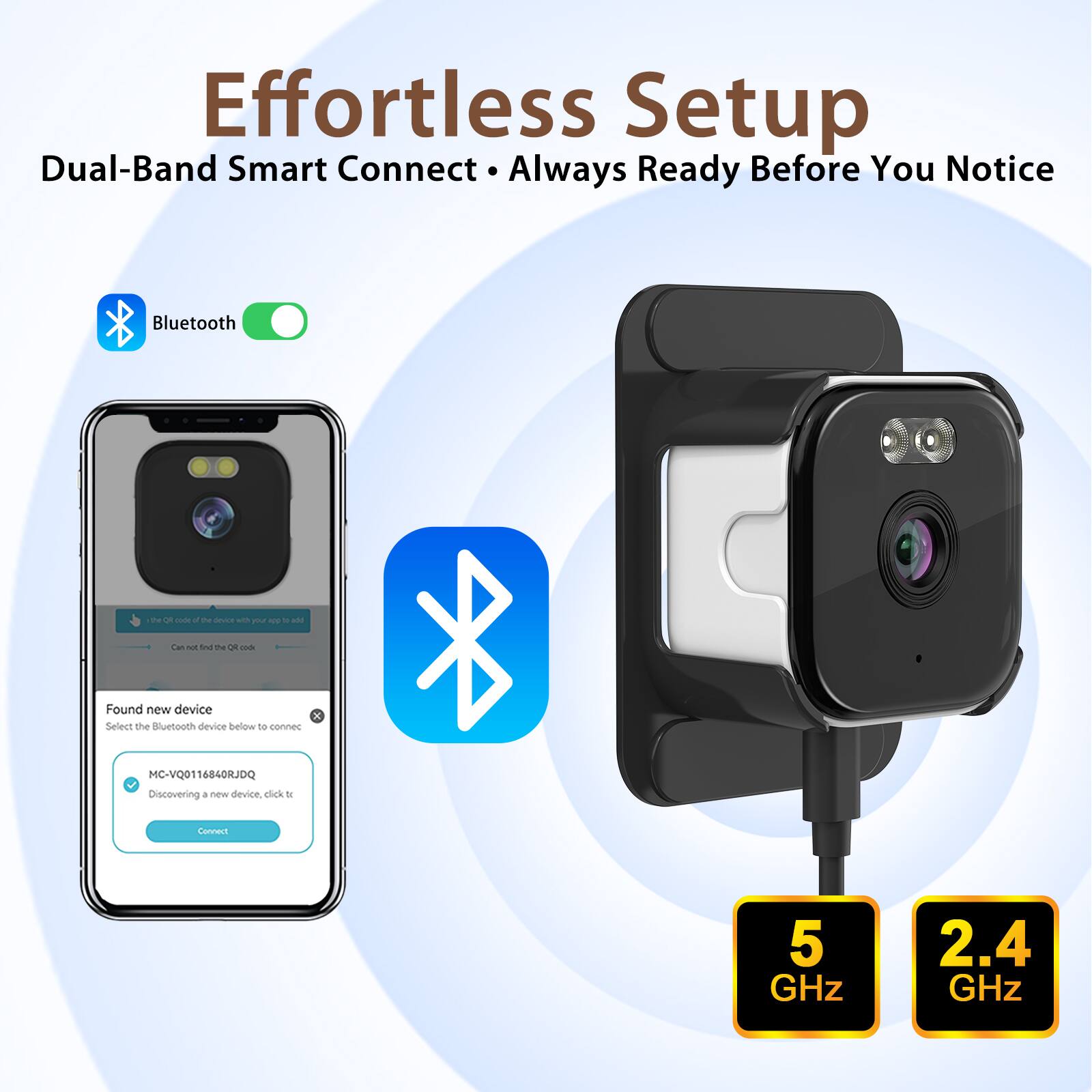 Effortless Setup  
Dual-Band Smart Connect • Always Ready Before You Notice  

Bluetooth  

Found new device  
Select the Bluetooth device below to connect  
MC-VQ0116840RJDQ  
Discovering a new device, click to connect  

5 GHz  
2.4 GHz