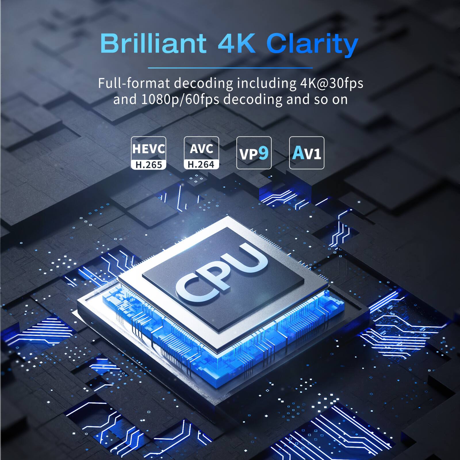Brilliant 4K Clarity
Full-format decoding including 4K@30fps and 1080p/60fps decoding and so on
HEVC H.265
AVC H.264
VP9
AV1
CPU