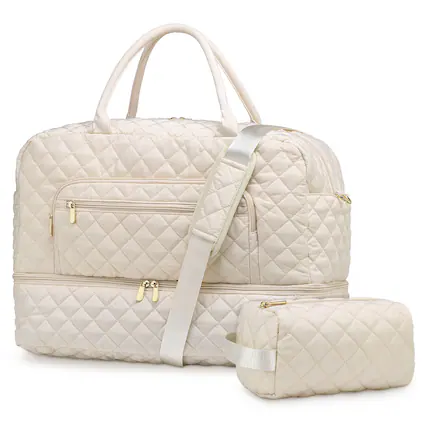 Front. Unique Bargains - 50L Large Travel Duffle Bag for Women Weekender Overnight Bag W/Shoe Compartment+Wet Pocket+Toiletry Bag TSA Approved - Beige.