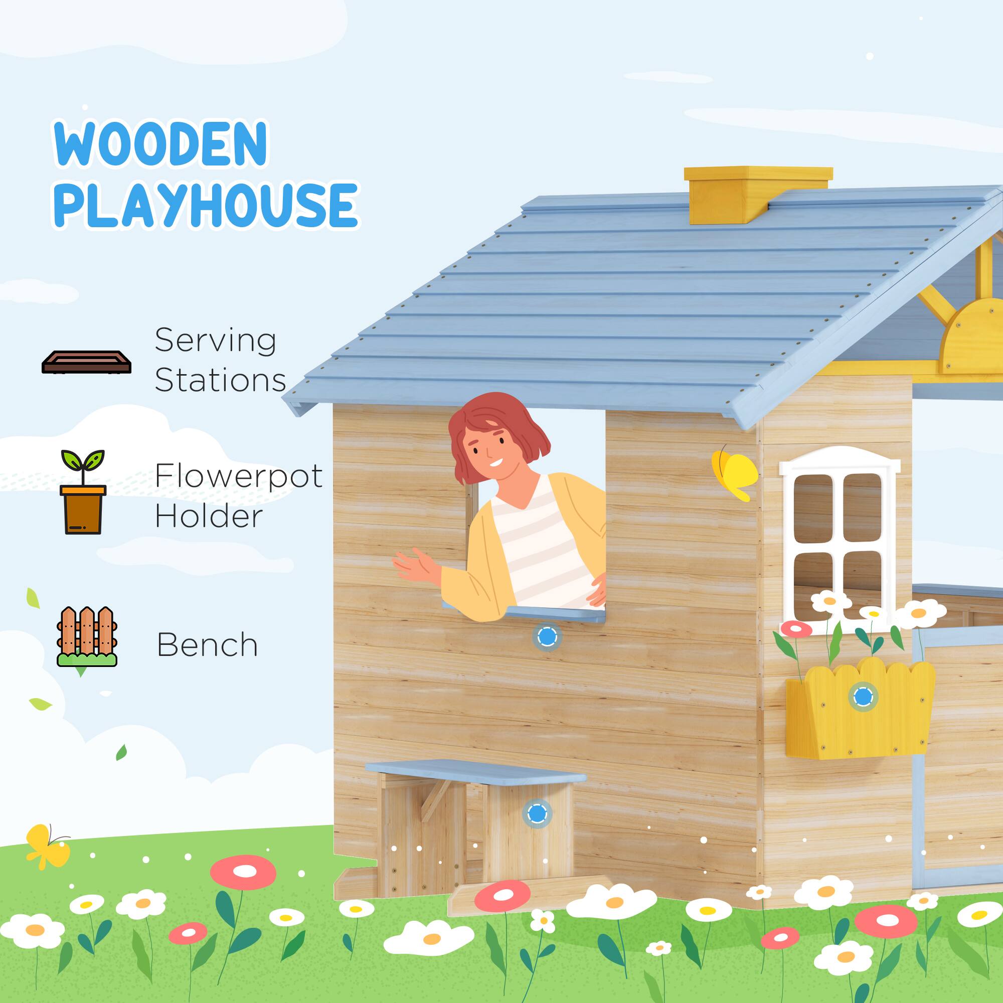 Alt View 1. Outsunny - Wooden Playhouse for Kids Outdoor Garden Pretend Play Games, Adventures Cottage, with Working Door, Windows, Bench.