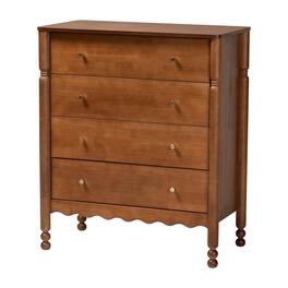 Baxton Studio - Hoffman Chest - 4-Drawer Vertical Storage Cabinet with Scalloped Apron and Turned Legs for Bedroom - Walnut Brown
