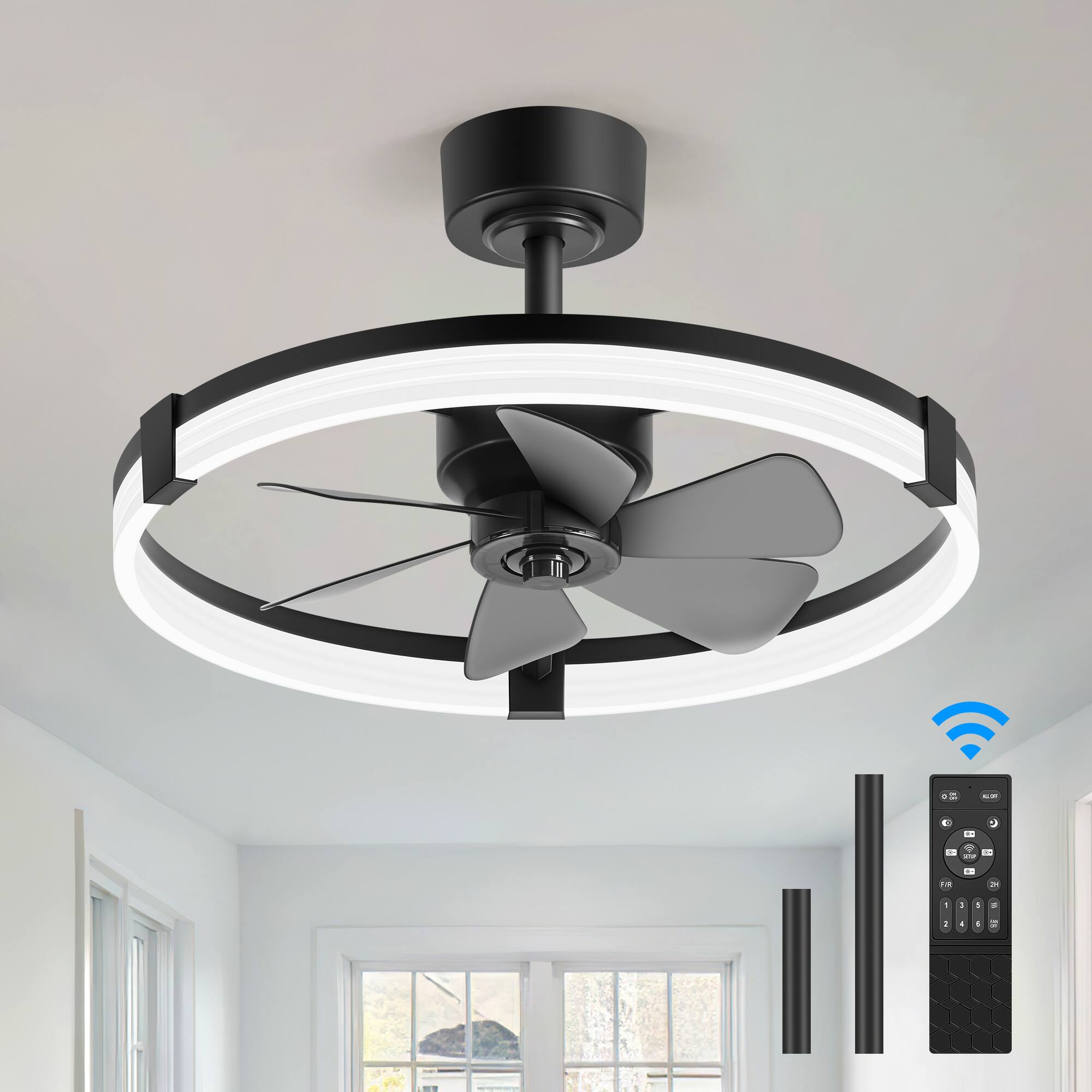 Alt View 6. Breezary - 23-Inch Detachable Enclosed Ceiling Fan with LED Light, Remote, Reversible DC Motor, 6 Blades & Dimmable Lighting - Black and Slate Blue.