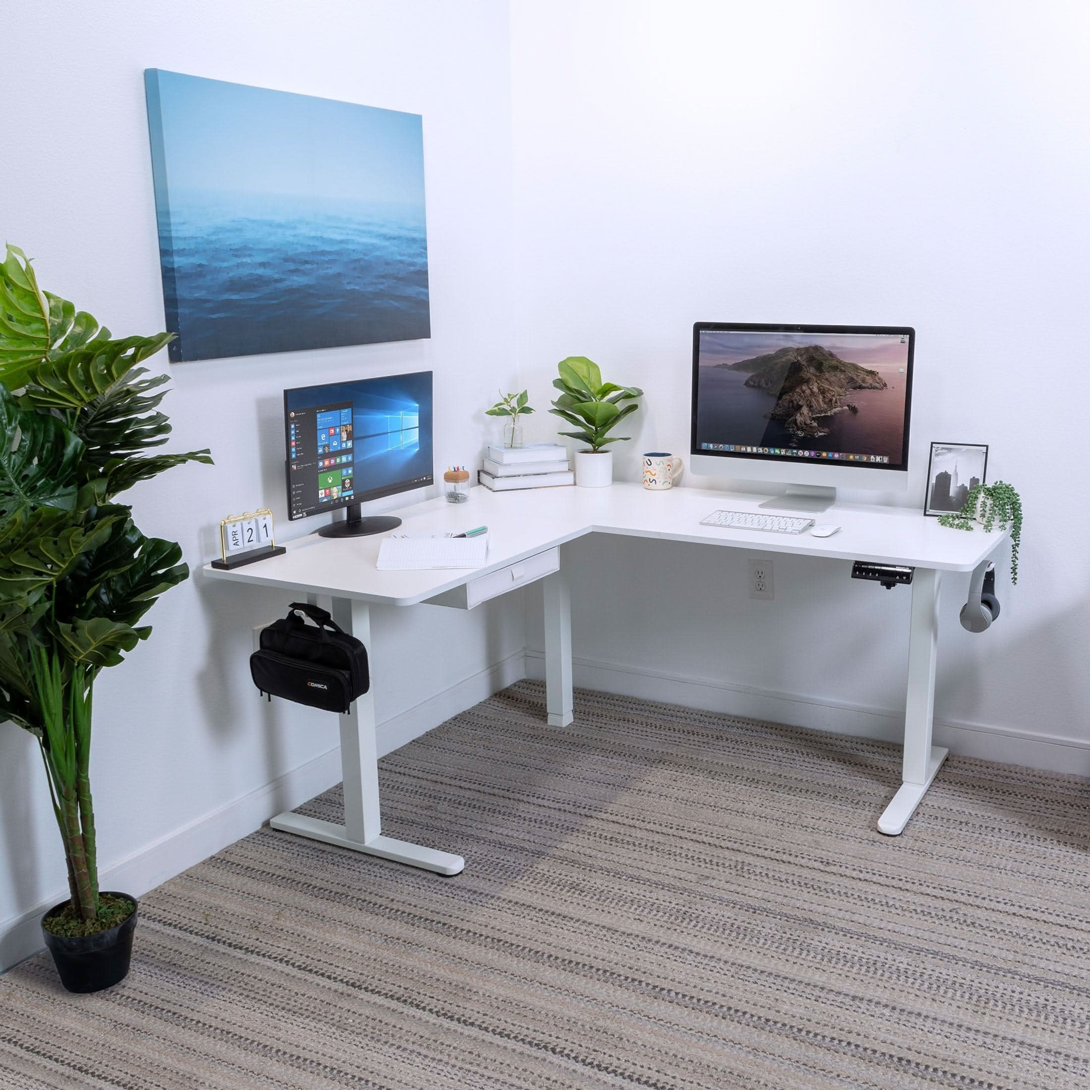 Alt View 2. Mount-It! - Large Electric Height Adjustable Corner Sit-Stand Desk with Dual Motor & Memory Control White Frame and White Tabletop - White.