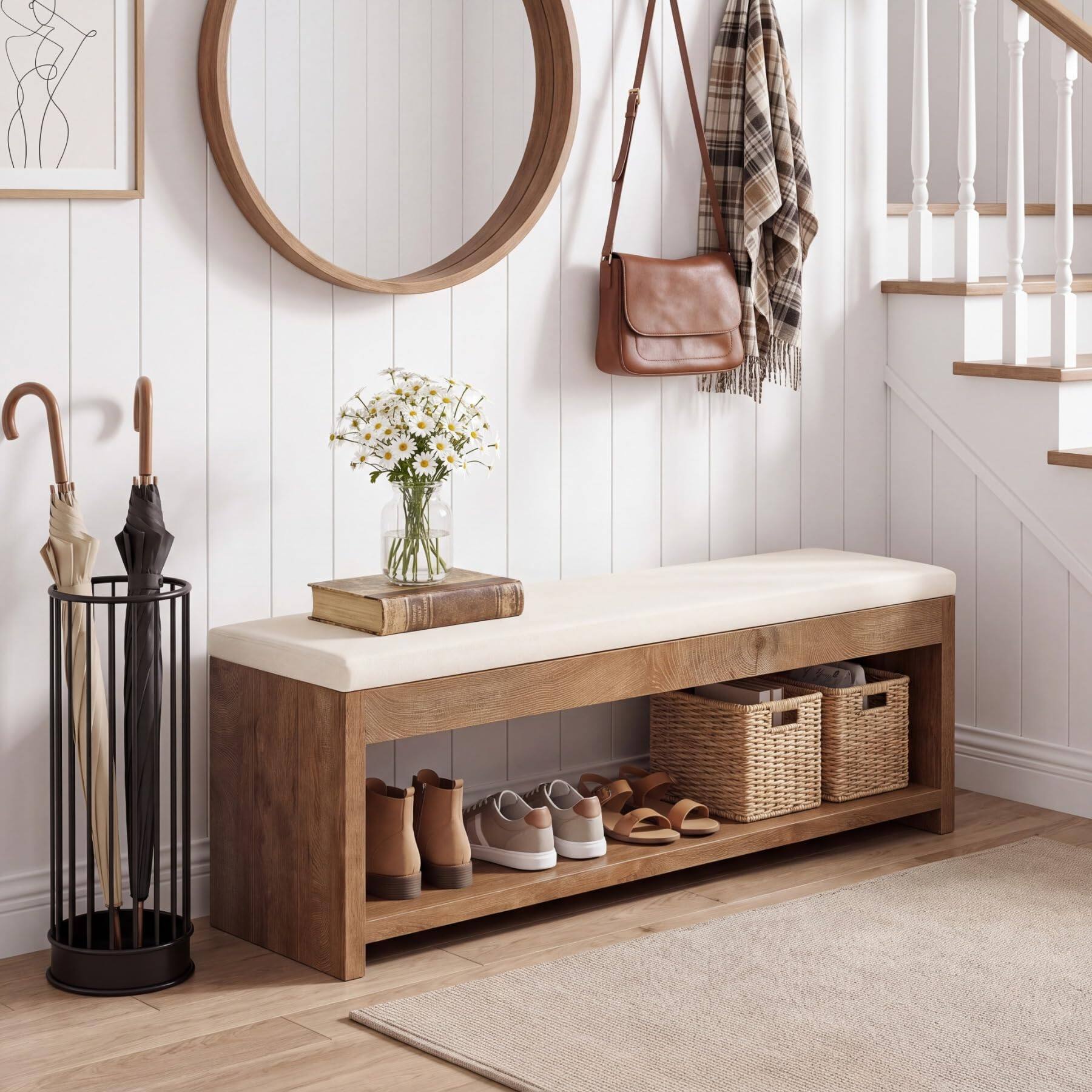 Left. Tribesigns - 2-Tier Entryway Bench with Storage, 55.1-Inch Wooden Shoe Bench with Padded Seat Cushion and Shoe Rack for Living Room, - Brown and White.