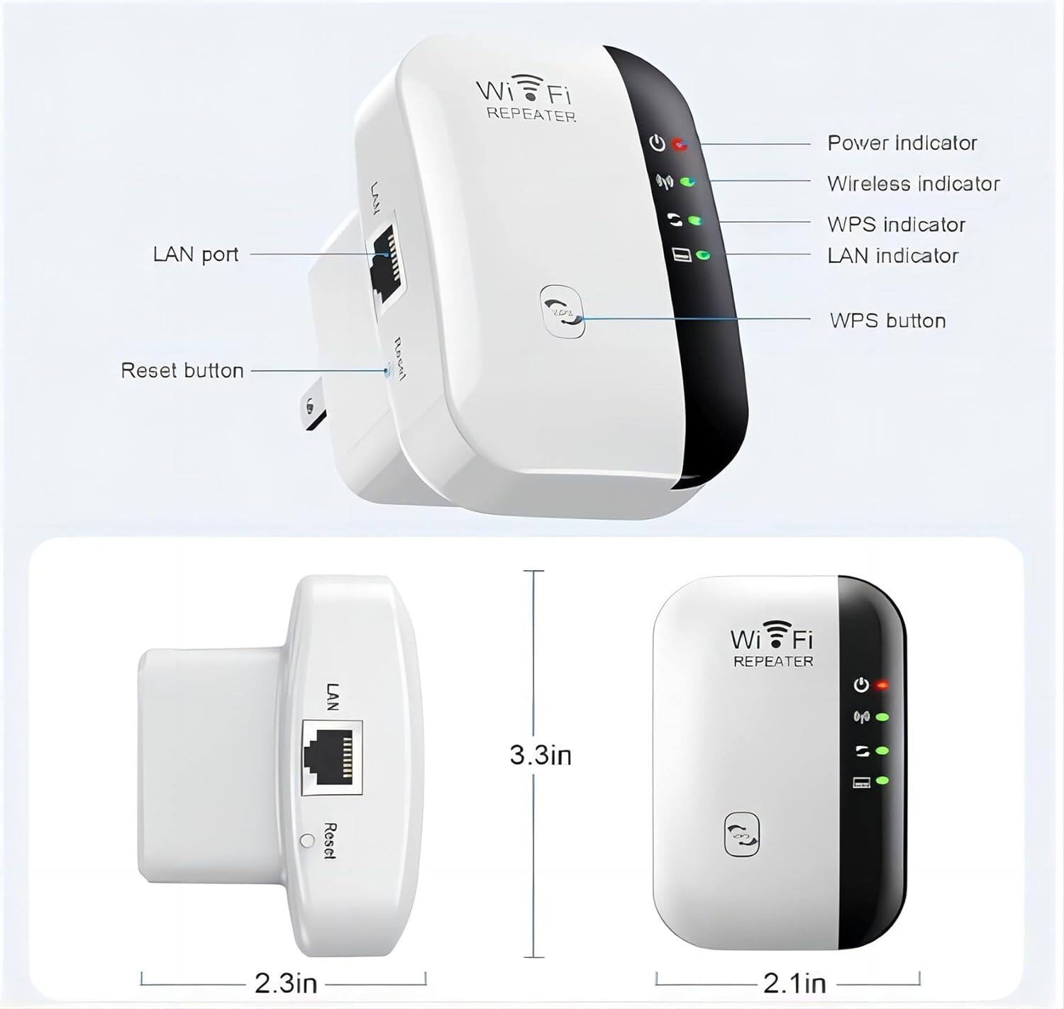 Wi-Fi REPEATER  
- LAN port  
- Reset button  
- Power Indicator  
- Wireless Indicator  
- WPS Indicator  
- LAN Indicator  
- WPS button  

Dimensions:  
- 3.3in  
- 2.3in  
- 2.1in