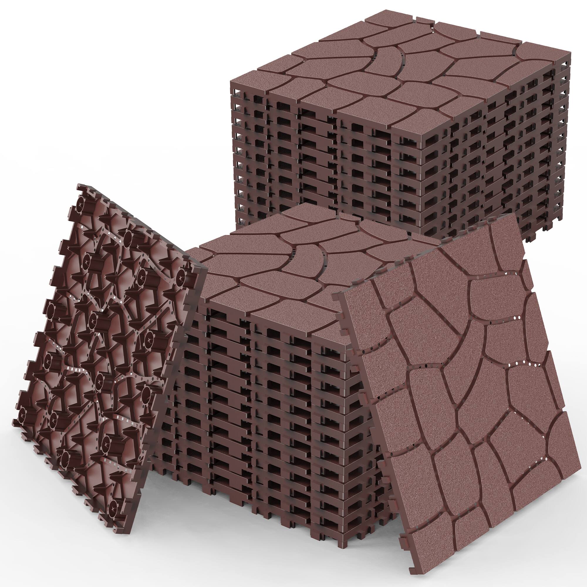 Left. Loheer - 12-Inch Interlocking Deck Tiles, 44-Pack, Stone Pattern Outdoor Flooring - Red+Brown.