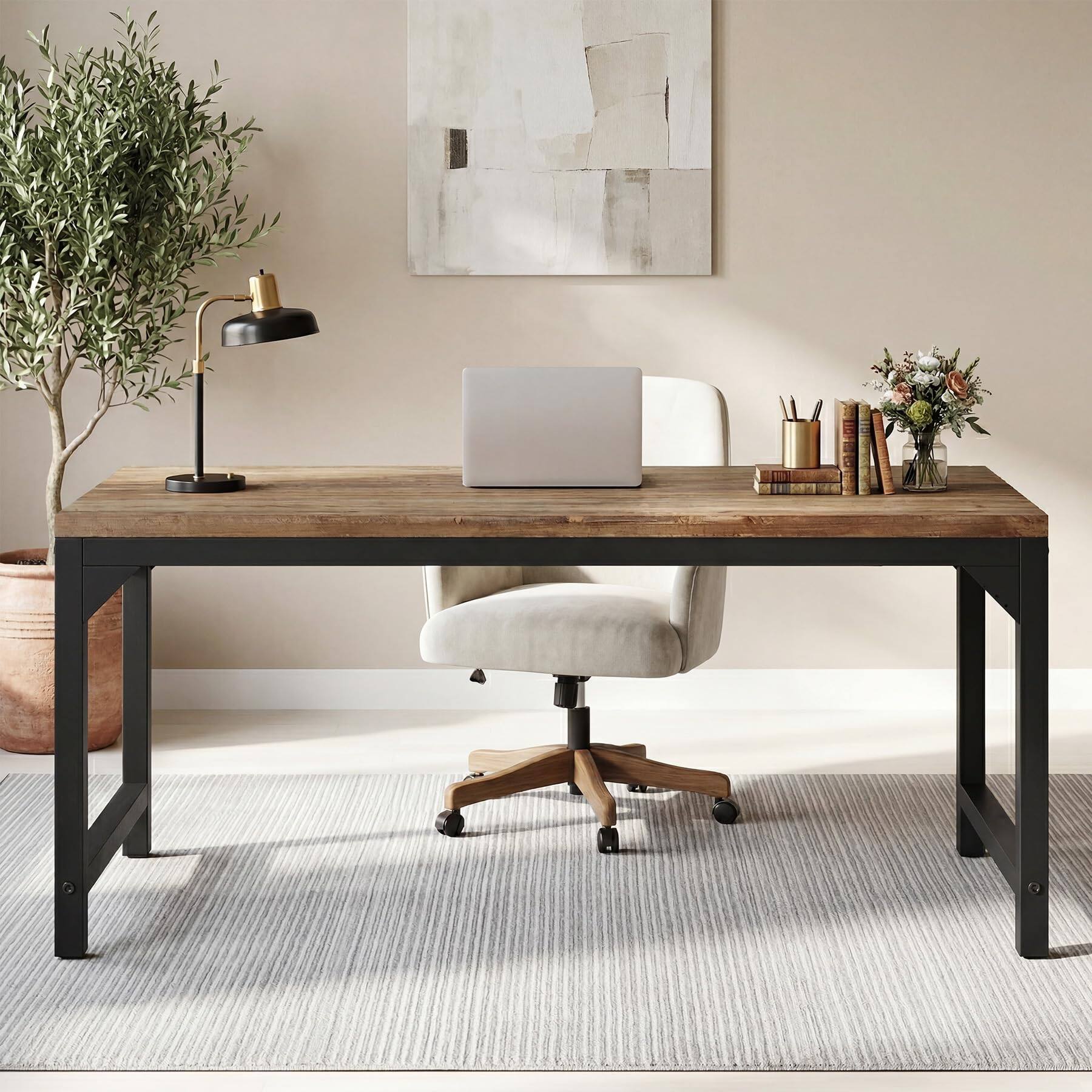 Left. Tribesigns - Solid Wood Computer Desk, 63 x 31.5 inch Large Office Desk Computer Table Study Writing Desk Workstation for Home Office - Natural + Black.