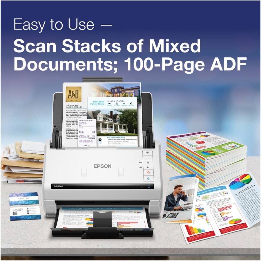 Easy to Use —  
Scan Stacks of Mixed Documents; 100-Page ADF