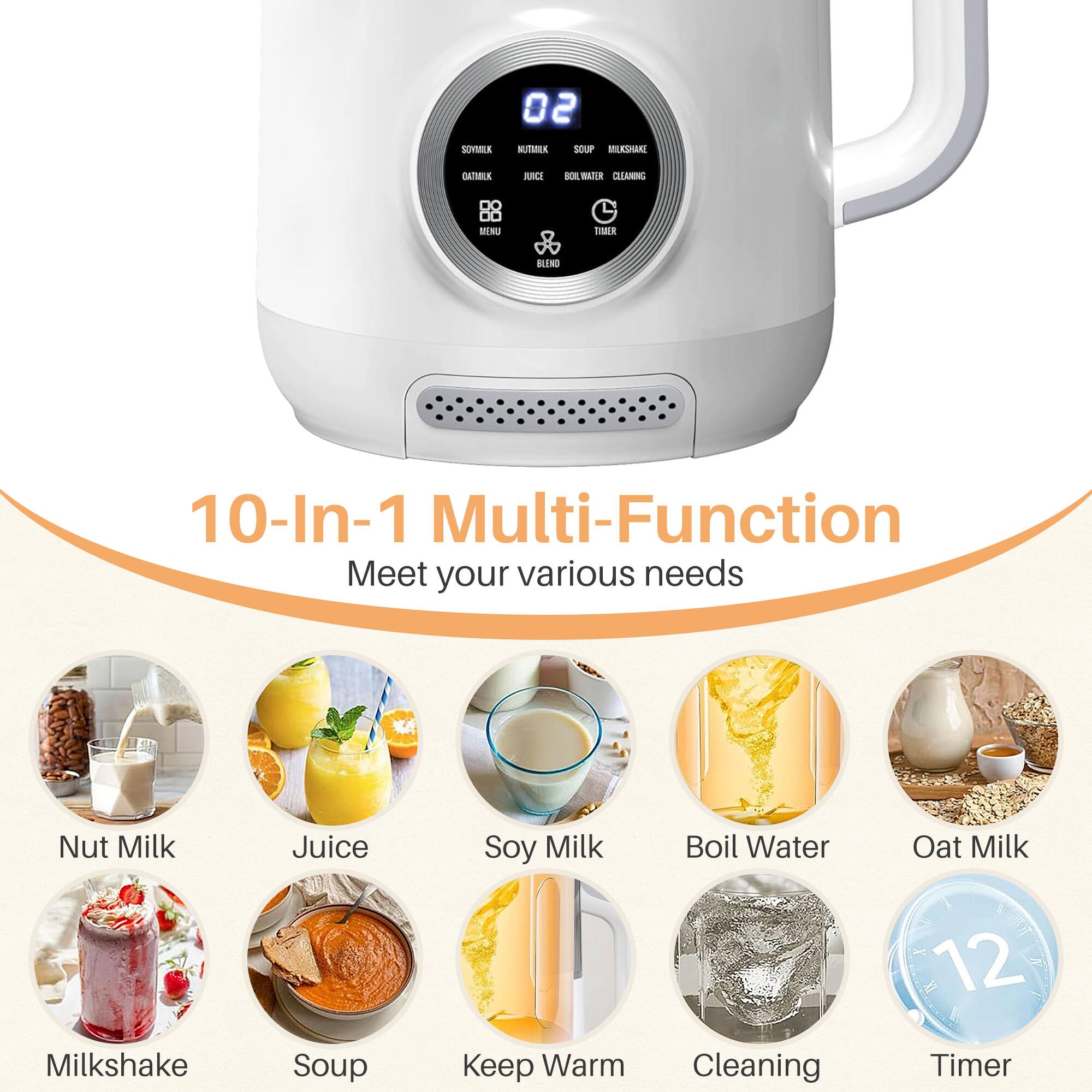 SOVMEA 02 NUTMEX SOUP BLSHAE CATMLK JURICE BR CLLANING MINU TH BLIN 10-In-1 Multi-Function Meet your various needs Nut Milk Juice Soy Milk Boil Water Oat Milk Milkshake Soup Keep Warm Cleaning 12 Timer