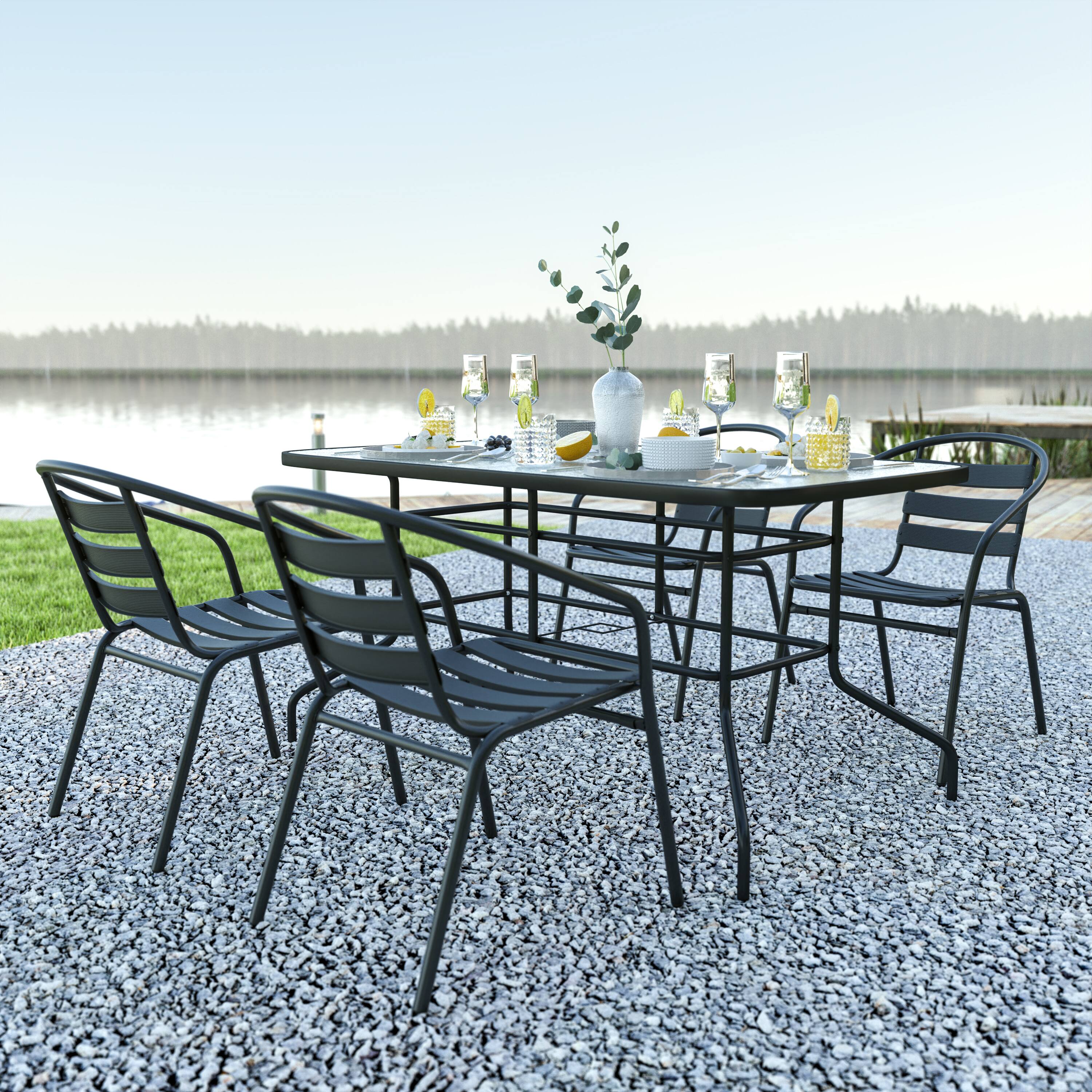 Alt View 1. Emma + Oliver - Patio Table & Chairs Set with Rectangular Metal Table with Tempered Glass Top and Stacking Chairs - Black.
