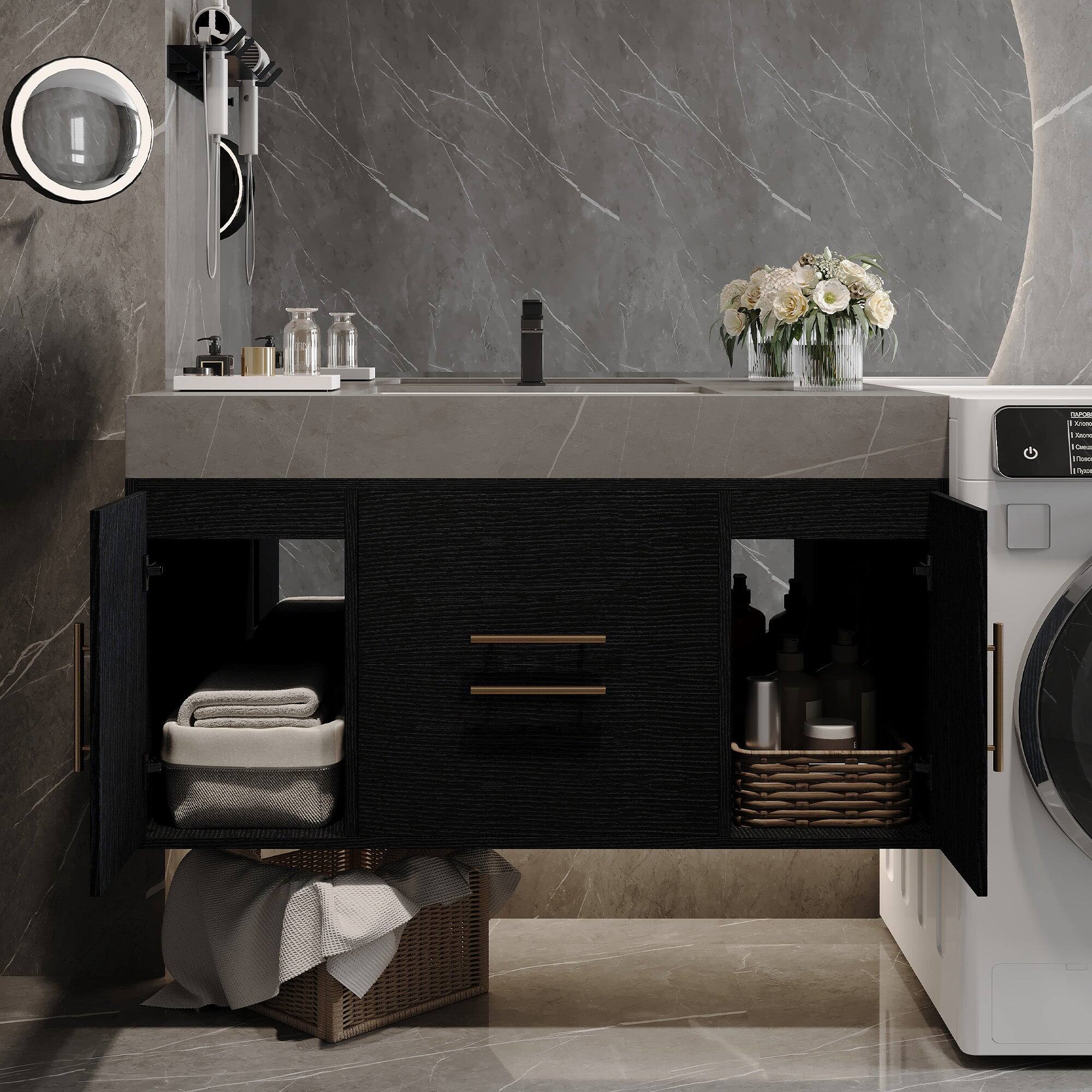 Alt View 1. Boyel Living - 39.4 In Single Contemporary Floating Vanity Faux Marble Top Ceramic Sink Solid Wood - Black.