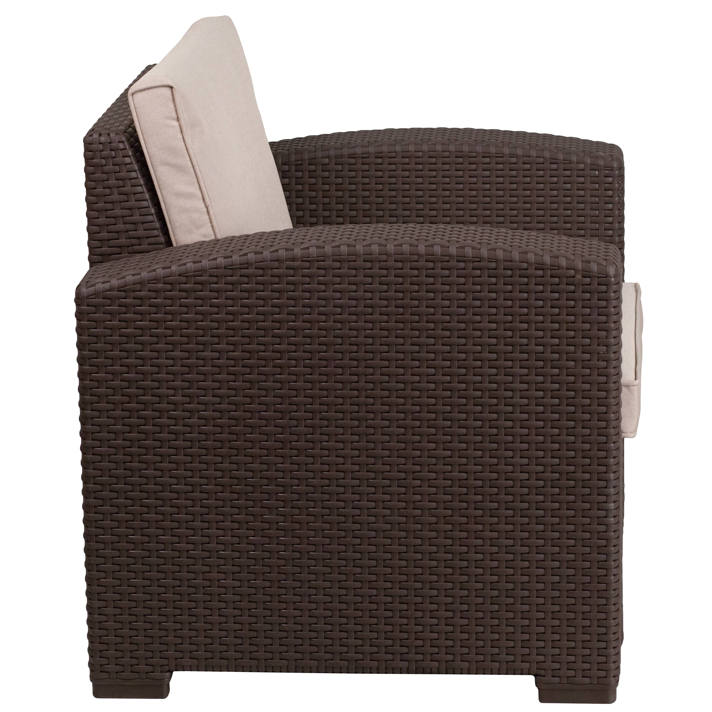 Alt View 6. Emma + Oliver - Faux Rattan Chair with All-Weather Cushion - Beige Cushions/Chocolate Brown Frame.