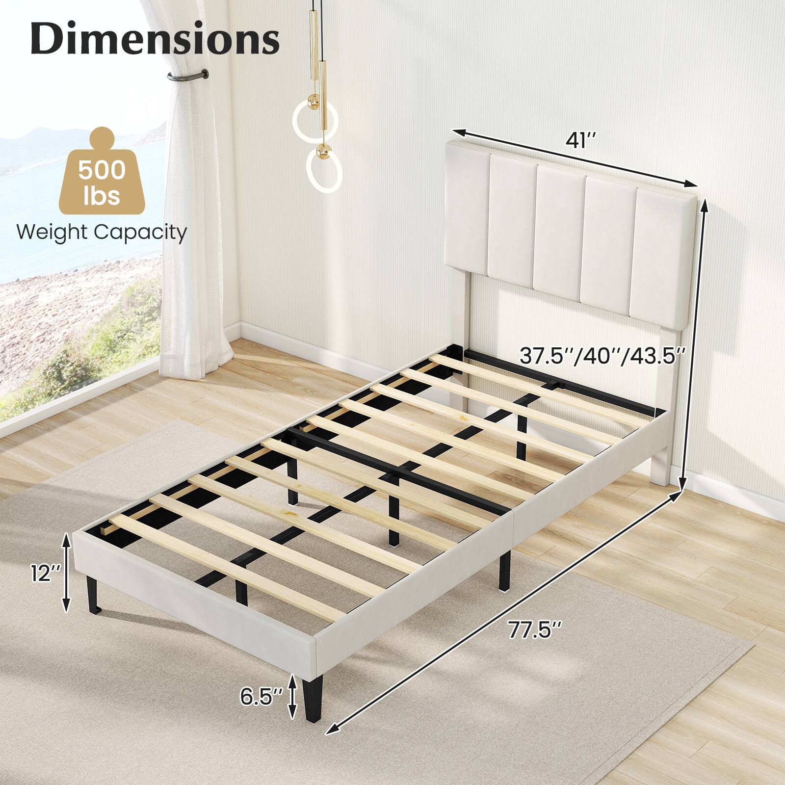 Dimensions  
500 lbs Weight Capacity  
41"  
37.5"/40"/43.5"  
12"  
77.5"  
6.5"