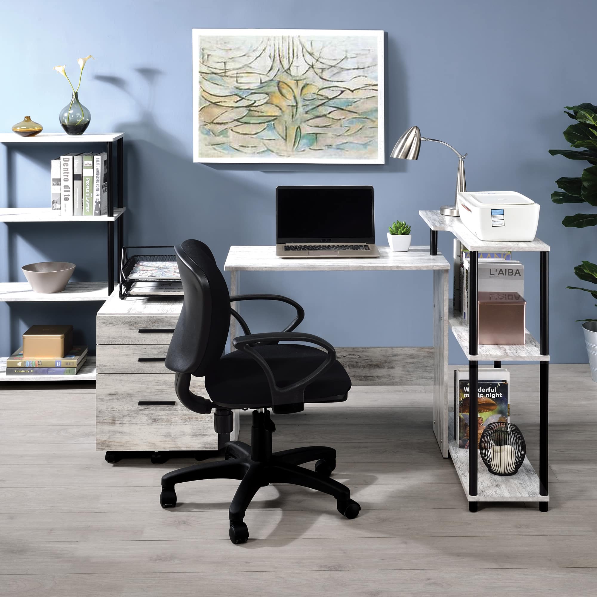 GOODSILO - Contemporary L-Shaped Writing Desk with Storage Shelf, Three-Tier Organization for Home Office or Study Space - White