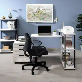 GOODSILO - Contemporary L-Shaped Writing Desk with Storage Shelf, Three-Tier Organization for Home Office or Study Space - White