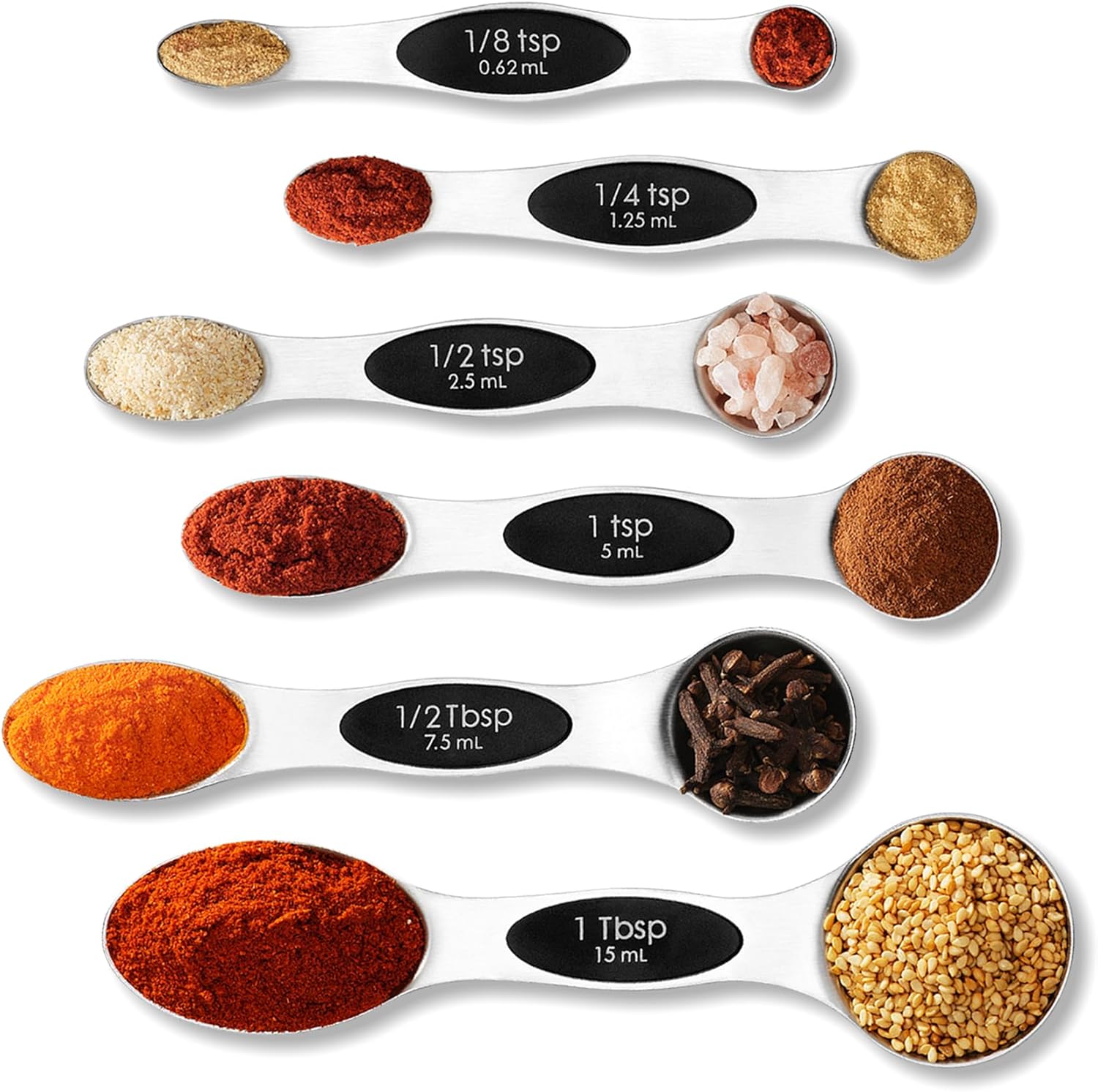 1/8 tsp 0.62 mL, 1/4 tsp 1.25 mL, 1/2 tsp 2.5 mL, 1 tsp 5 mL, 1/2Tbsp 7.5 mL, 1 Tbsp 15 mL