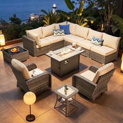 Front. Ovios - 11 PCS Patio Furniture Set with 42" Fire Pit Table, Wicker Sofa with Swivel Chair & Coffee Table - Beige.