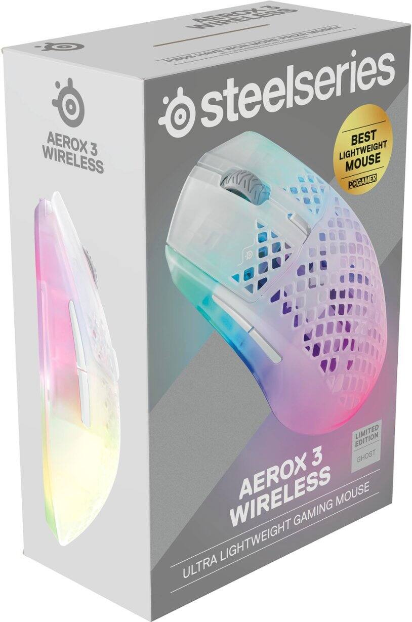 The text on the image reads: "Steelseries AEROX 3 Wireless Mouse PCGamer Edition Limited 3 Ghost Wireless Aerox Mouse Gaming Lightweight Ultra."