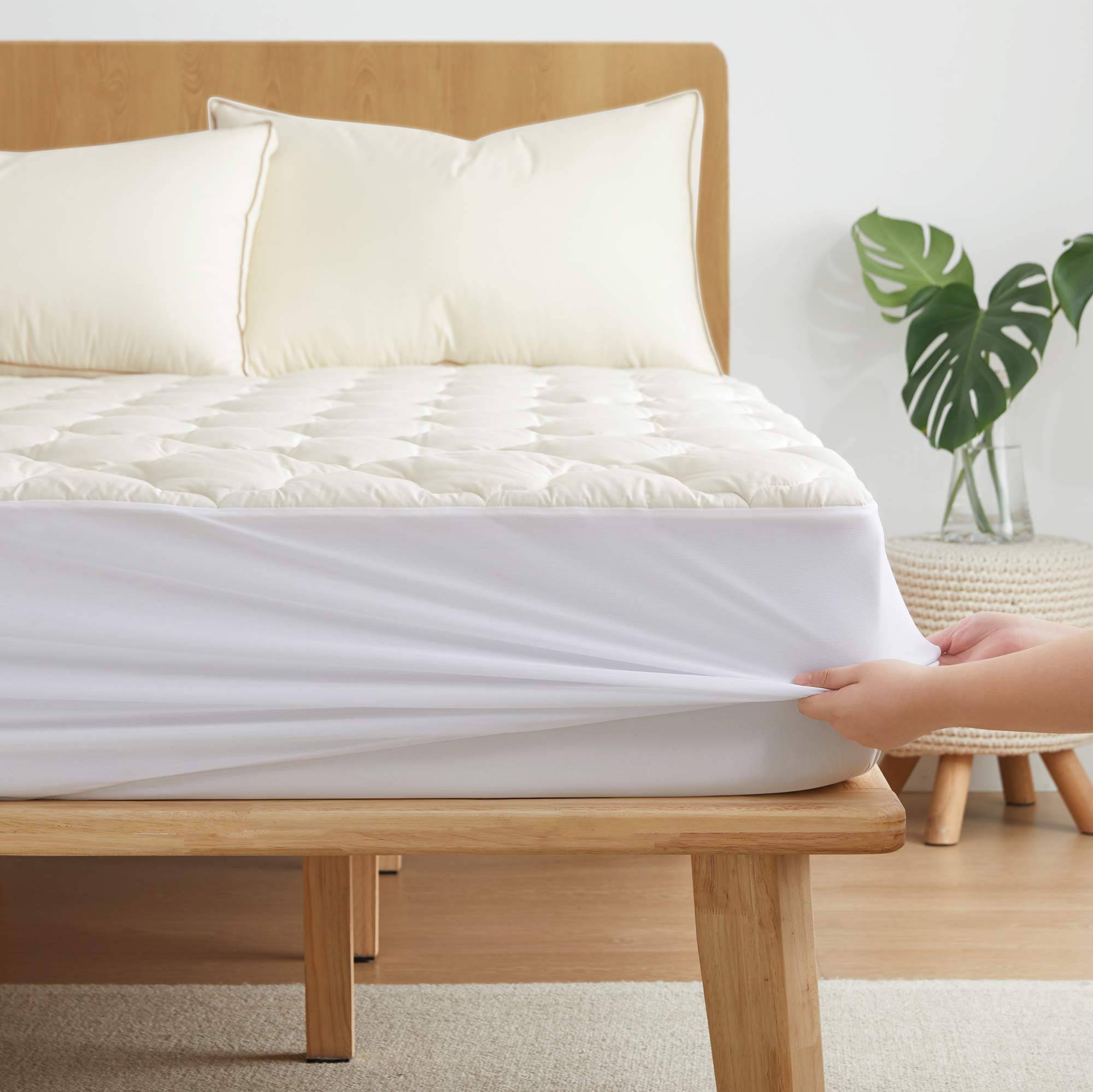 Angle. Peace Nest - Peace Nest Organic Cotton Quilted Waterproof Mattress Pad, Fitted Stretchy Side Skirt Fits up to 18" - Off-white.