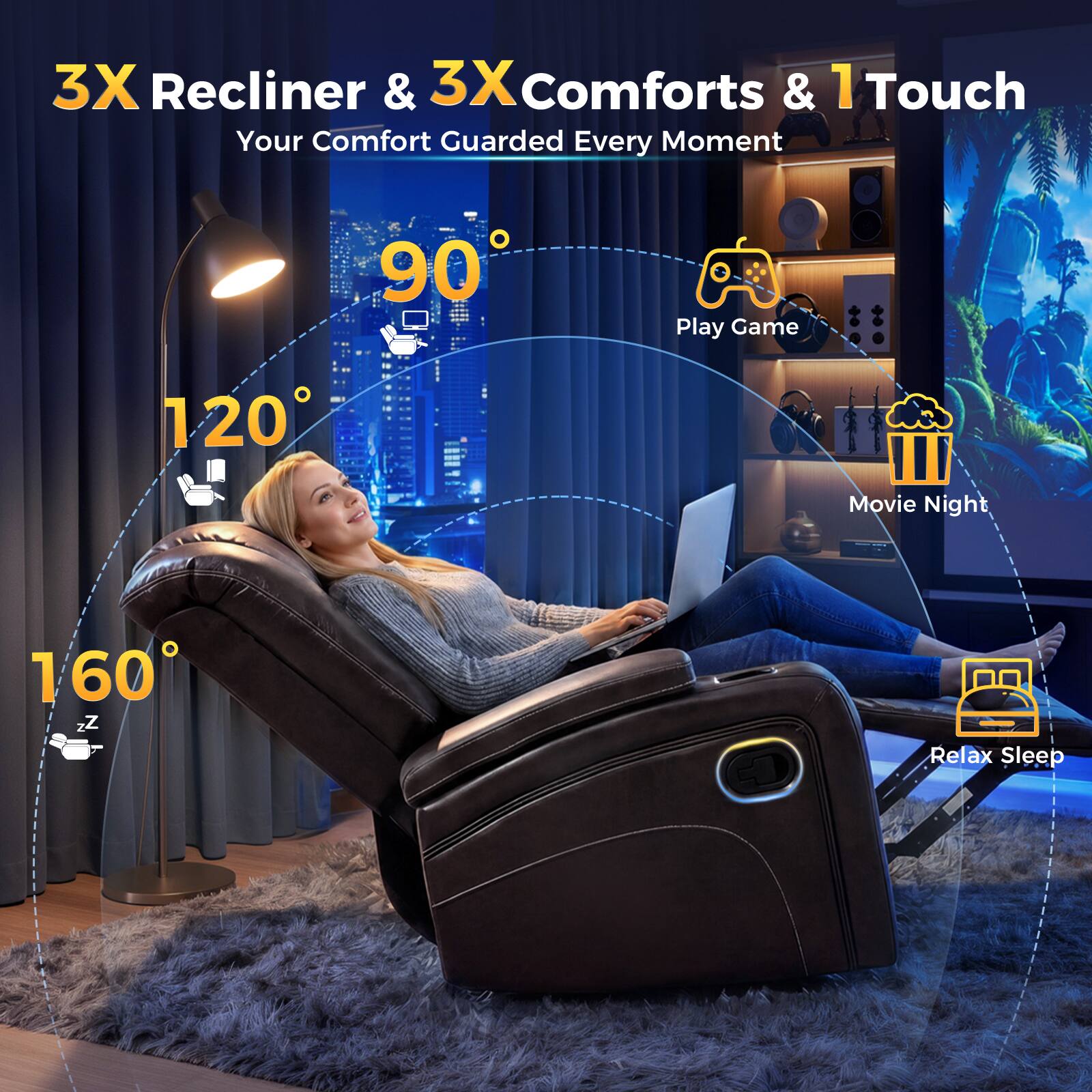 3X Recliner & 3X Comforts & 1 Touch  
Your Comfort Guarded Every Moment  
90° Play Game  
120° Movie Night  
160° Relax Sleep