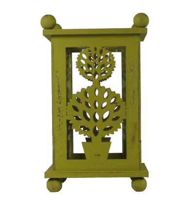 Front. Melrose - 12.5" Pistachio Green Distressed Double Ball Tree Cut-Out Pillar Candle Lantern - Green.