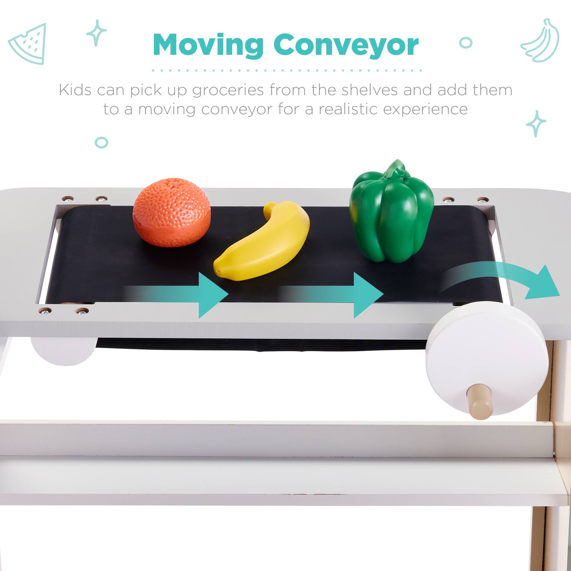 Moving Conveyor

Kids can pick up groceries from the shelves and add them to a moving conveyor for a realistic experience