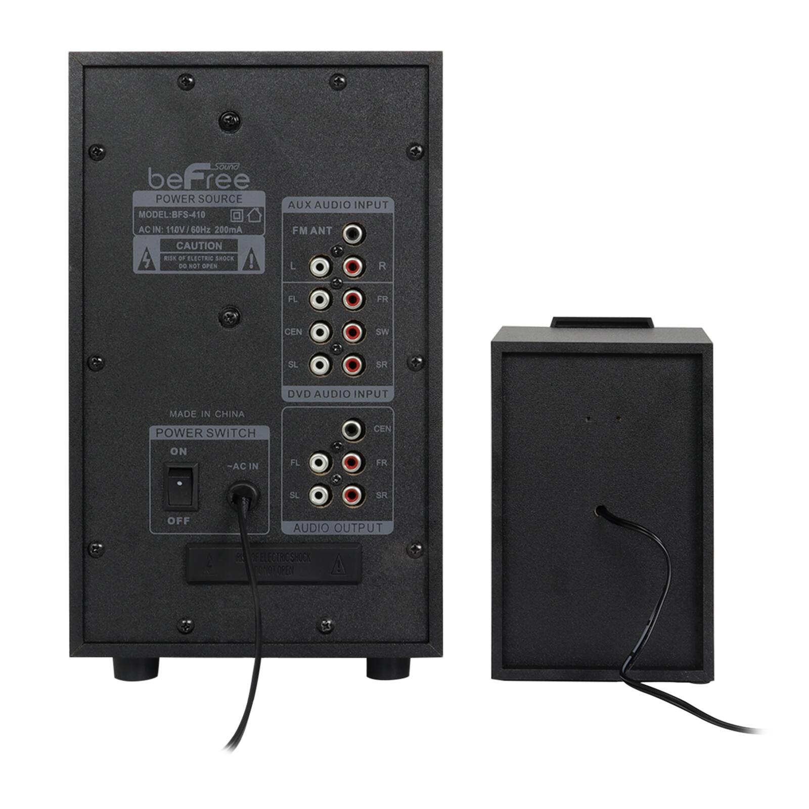 beFree  
POWER SOURCE  
MODEL: BFS-410  
AC IN: 110V/60Hz 200mA  
CAUTION  
RISK OF ELECTRIC SHOCK  
DO NOT OPEN  

AUX AUDIO INPUT  
FM ANT  
L R  
FL FR  
CEN SW  
SL SR  

DVD AUDIO INPUT  
CEN  
FL FR  
SL SR  

POWER SWITCH  
ON - AC IN  
OFF  

AUDIO OUTPUT  
CEN  
FL FR  
SL SR  

MADE IN CHINA