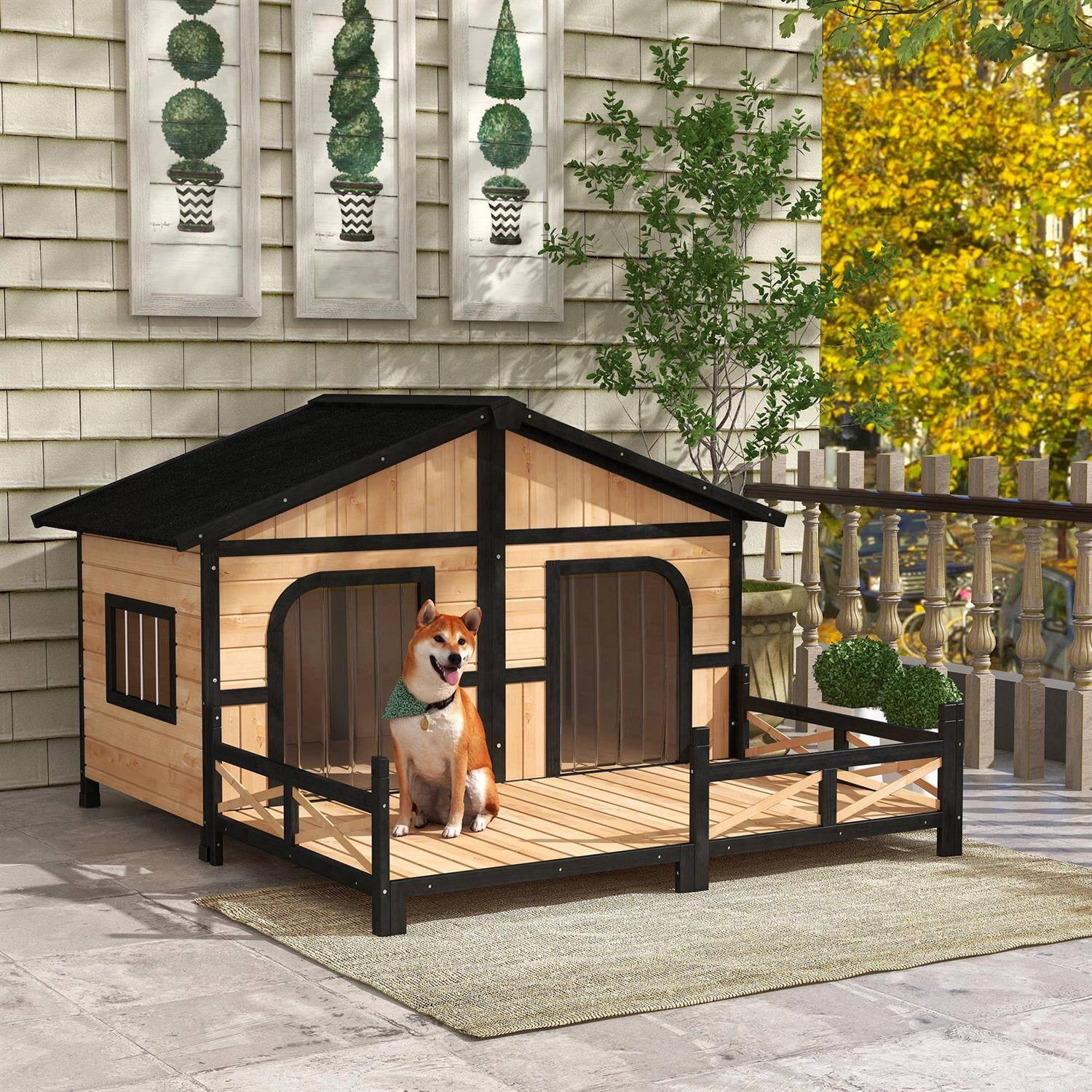 Alt View 1. Pefilos - 59" Outdoor Dog House with Porch, Double Room, Openable Roof, Removable Bottom, Wooden Dog House with Elevated Floor.