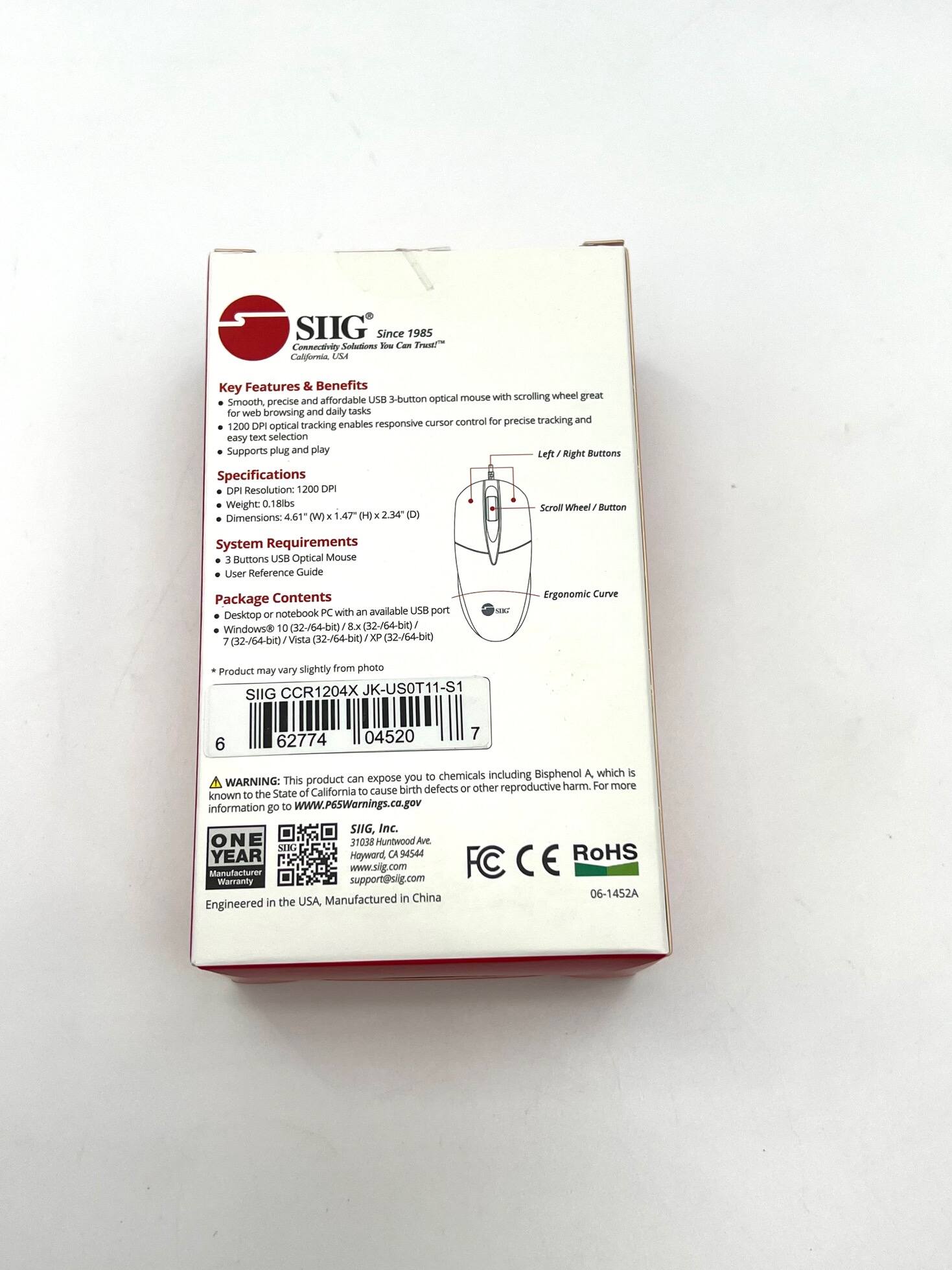 SIIG  
Since 1985  
Connectivity Solutions You Can Trust!  

Key Features & Benefits  
- Smooth, precise and affordable USB 3-button optical mouse with scrolling wheel  
- Great for web browsing and daily tasks  
- Cursor control for precise tracking and easy text selection  
- 1200 DPI optical tracking enables responsive cursor control  
- Supports plug and play  

Specifications  
- DPI Resolution: 1200 DPI  
- Weight: 0.18lbs  
- Dimensions: 4.61" (W) x 1.47" (H) x 2.34" (D)  

System Requirements  
- 3 Buttons USB Optical Mouse  
- User Reference Guide  
- Desktop or notebook PC with an available USB port  
- Windows 10 (32-/64-bit), 8x (32-/64-bit), 7 (32-/64-bit), Vista (32-/64-bit), XP (32-/64-bit)  

Package Contents  
- Desktop or notebook PC with an available USB port  
- Windows 10 (32-/64-bit), 8x (32-/64-bit), 7 (