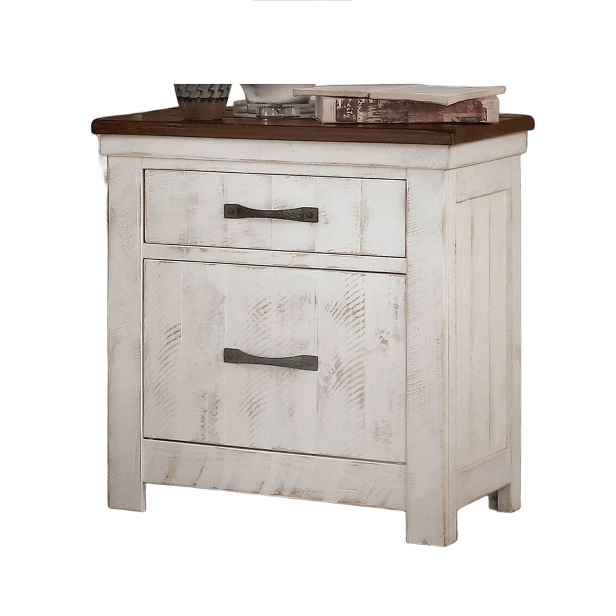 Alt View 6. Loheer - Loheer Solid Wood Nightstand Distressed White Finish with Two Drawers - Brown and Distressed White with Walnut.