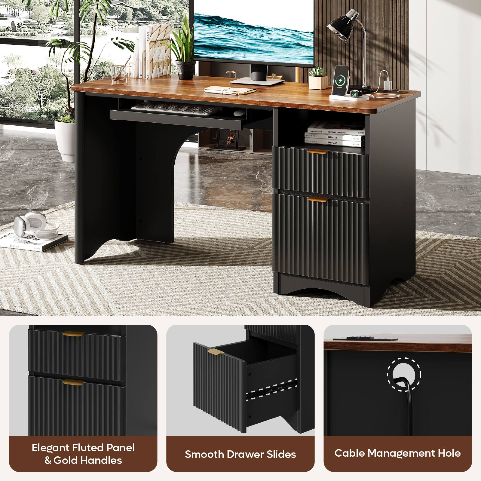 The text on the image is grouped and corrected as follows:

Elegant Fluted Panel & Gold Handles
Smooth Drawer Slides
Cable Management Hole