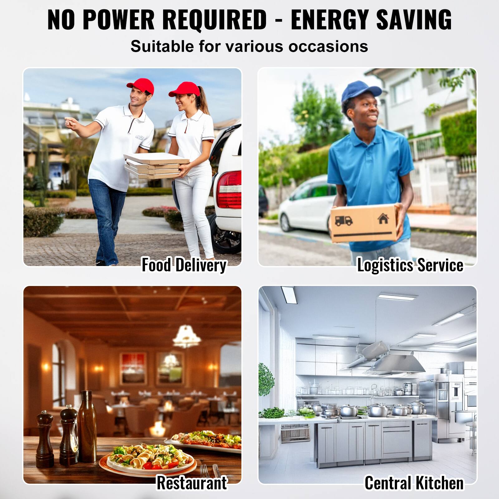 NO POWER REQUIRED - ENERGY SAVING
Suitable for various occasions

Food Delivery
Logistics Service
Restaurant
Central Kitchen