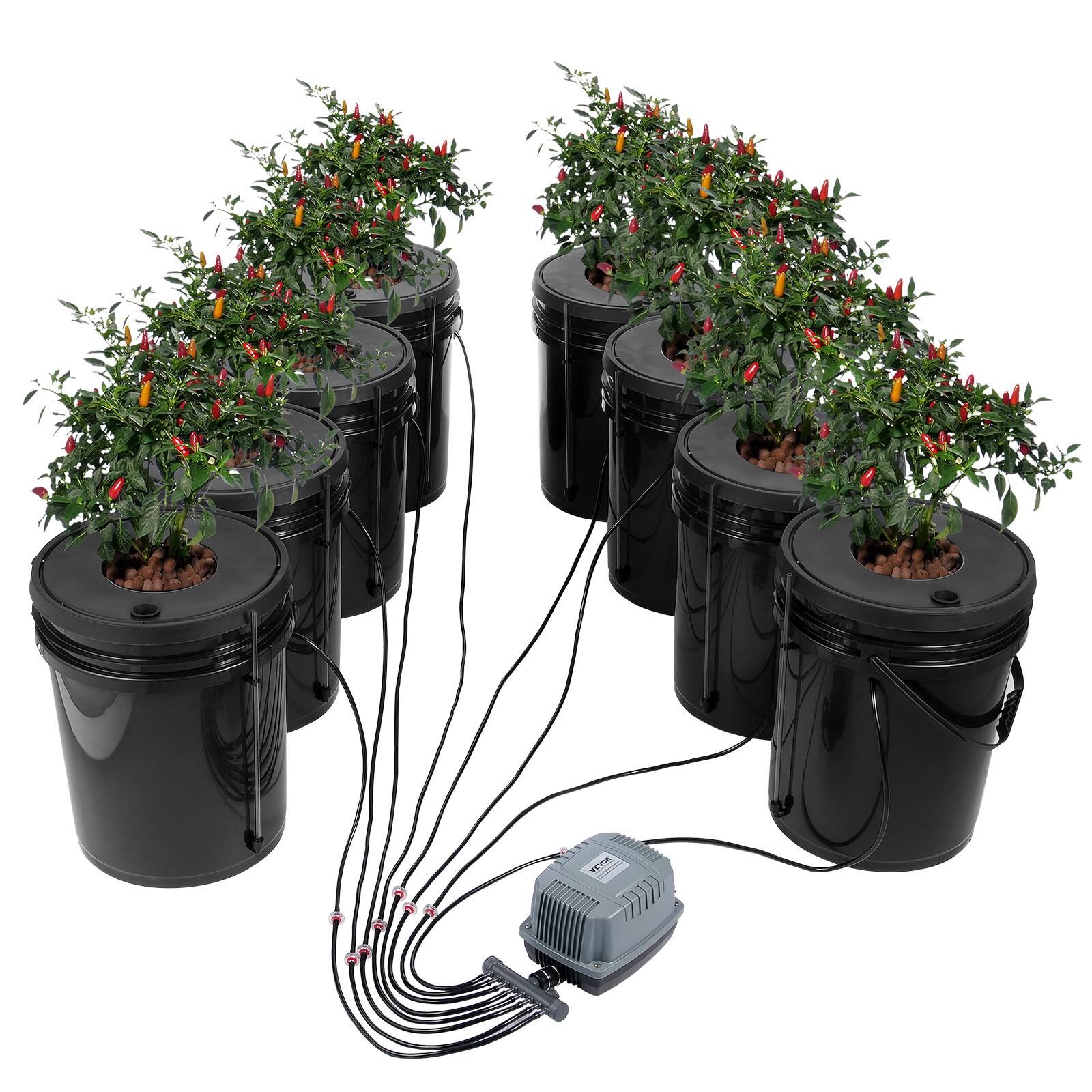 VEVOR - DWC Hydroponic System, 5 Gallon 8 Buckets, Deep Water Culture Growing Bucket, Hydroponics Grow Kit with Pump - Black