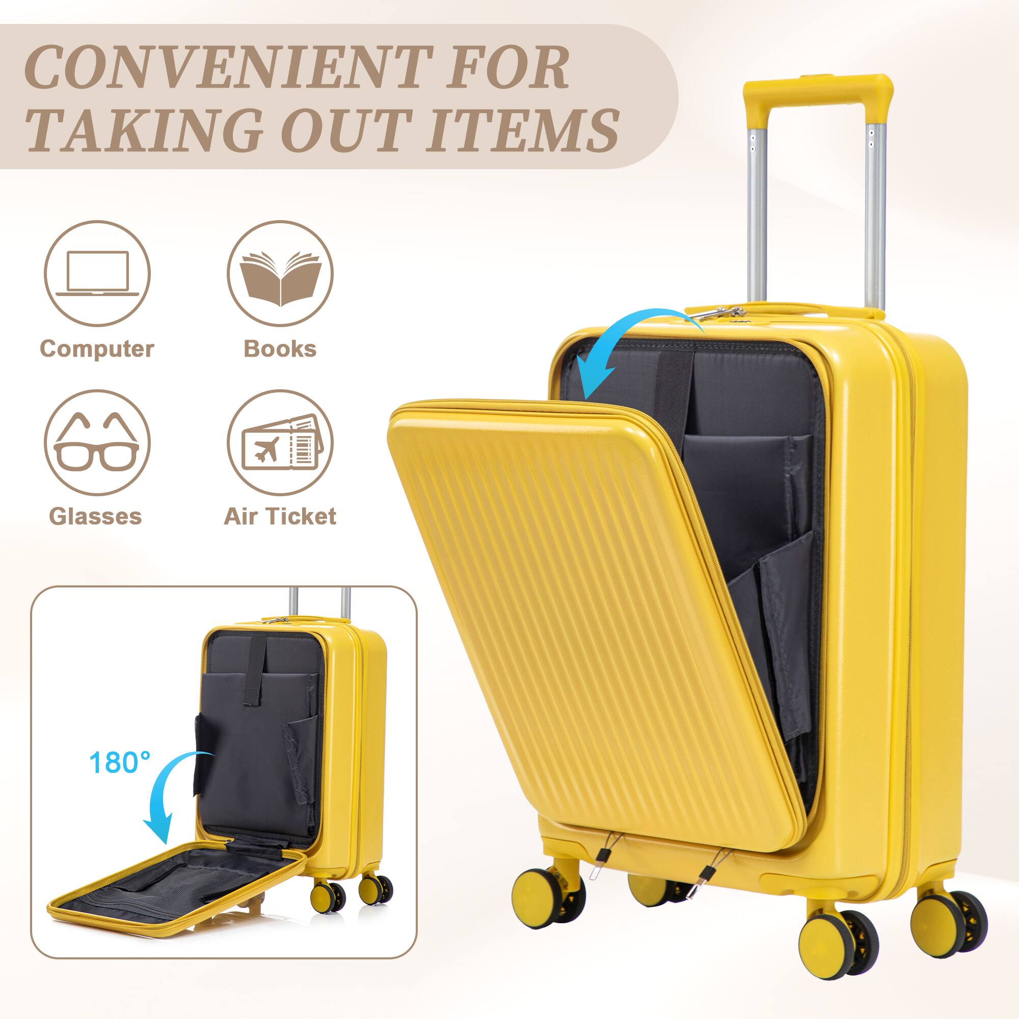 CONVENIENT FOR TAKING OUT ITEMS

- Computer
- Books
- Glasses
- Air Ticket

180°