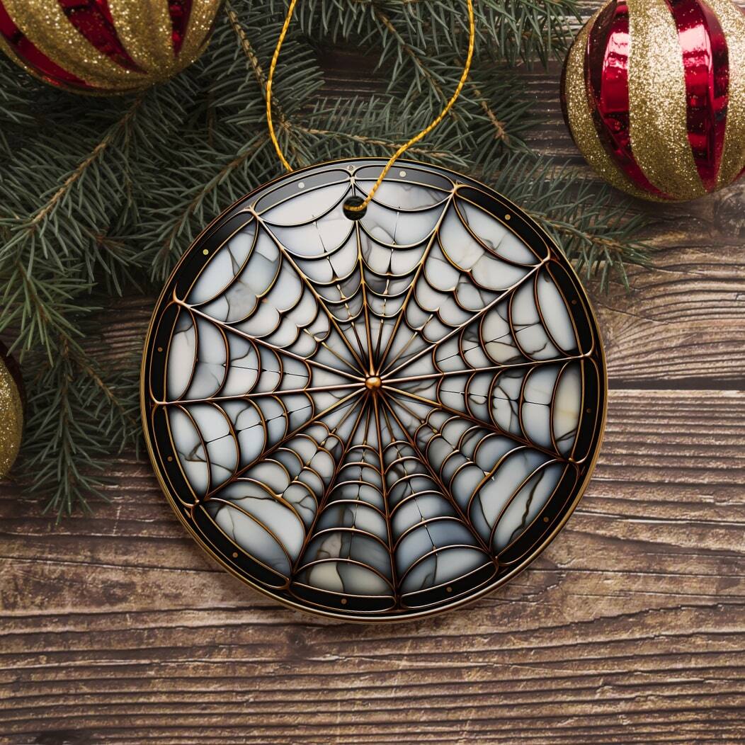 Back. OrnamentallyYou - Golden Arachnid Haunt Intricate Spider Web Stained Glass Style Ceramic Ornament Halloween Themed - Multi-colored.