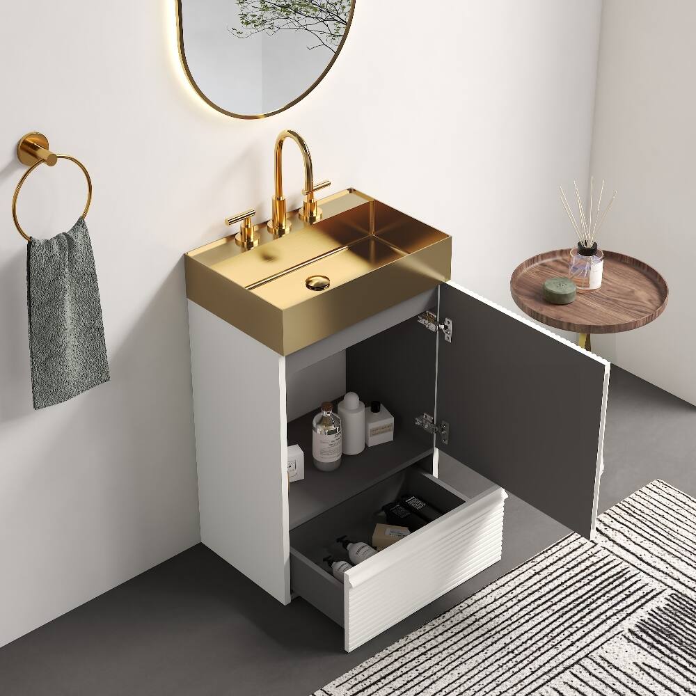 Angle. Loheer - Loheer 20 inch white bathroom vanity with brushed gold metal sink freestanding bathroom cabinet - Matte White.