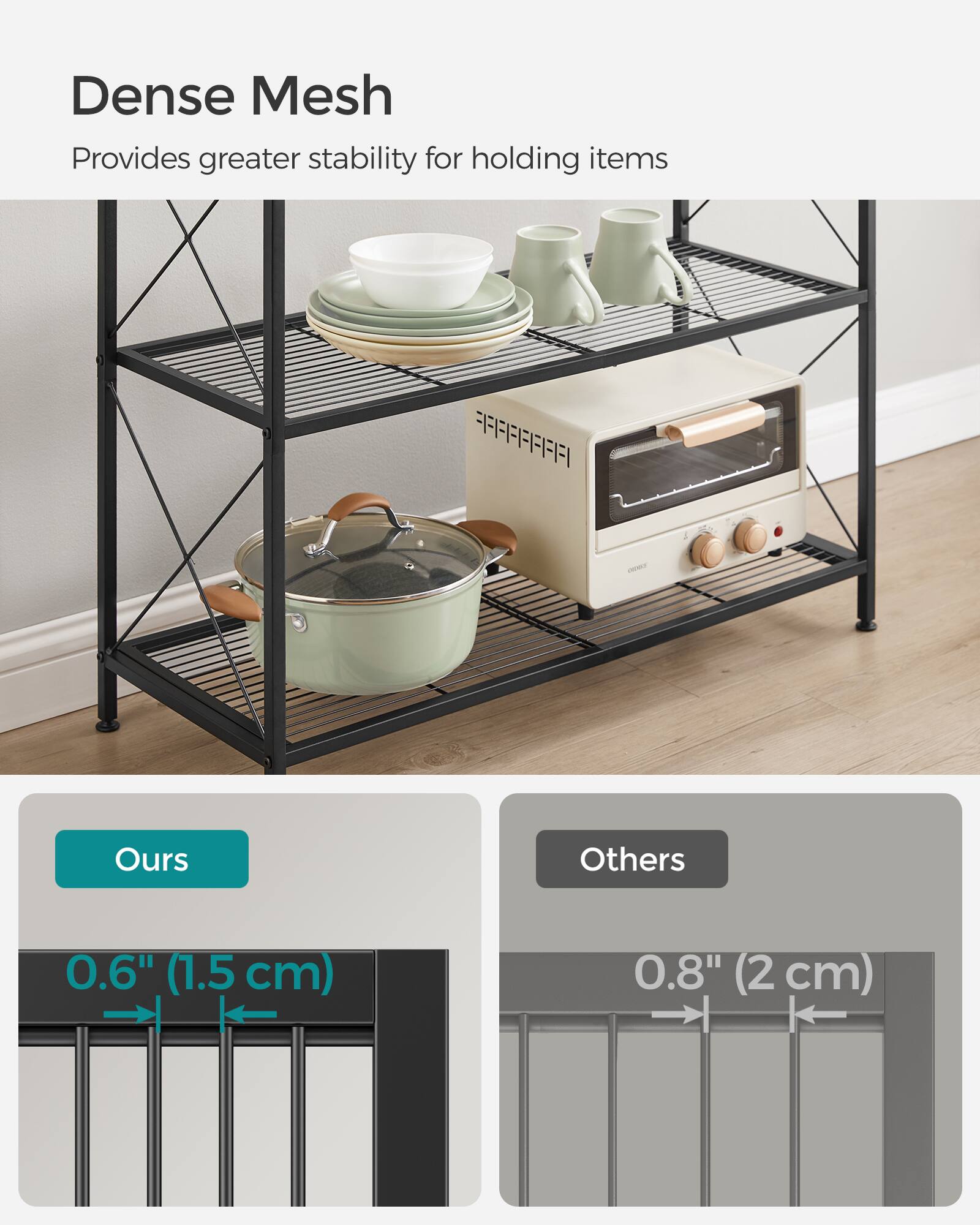 Dense Mesh  
Provides greater stability for holding items  

Ours  
0.6" (1.5 cm)  

Others  
0.8" (2 cm)