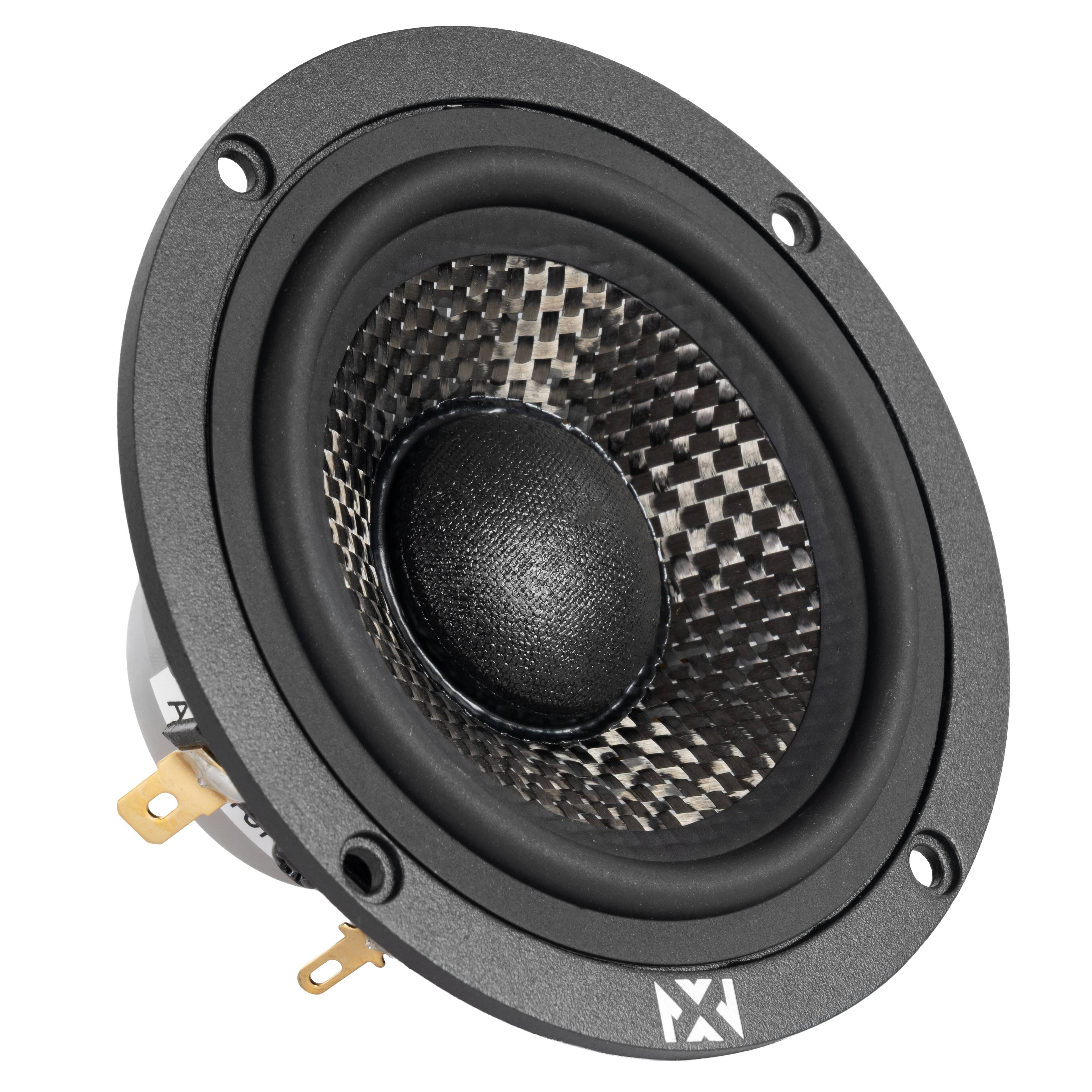 Back. NVX - XQS3 v2 (XQS3v2) 200W Peak (100W RMS) 3.5in X-Series NEO Midrange Speakers with Carbon Fiber Cones.