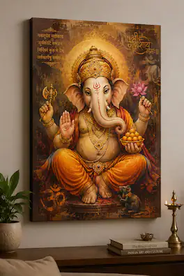 FC Design - Large Ganesha Sacred Mantra Canvas Print 24x36" Traditional Hindu Temple Art Painting Home Wall Decor - MultiColor