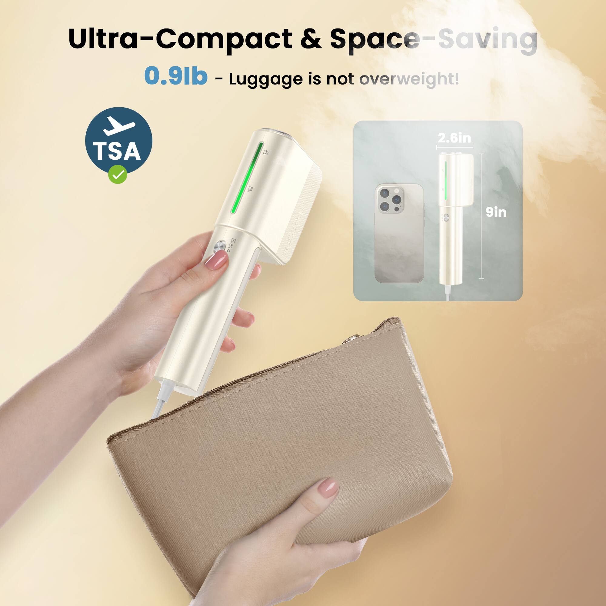 Ultra-Compact & Space-Saving  
0.9lb - Luggage is not overweight!  
TSA  
2.6in  
9in