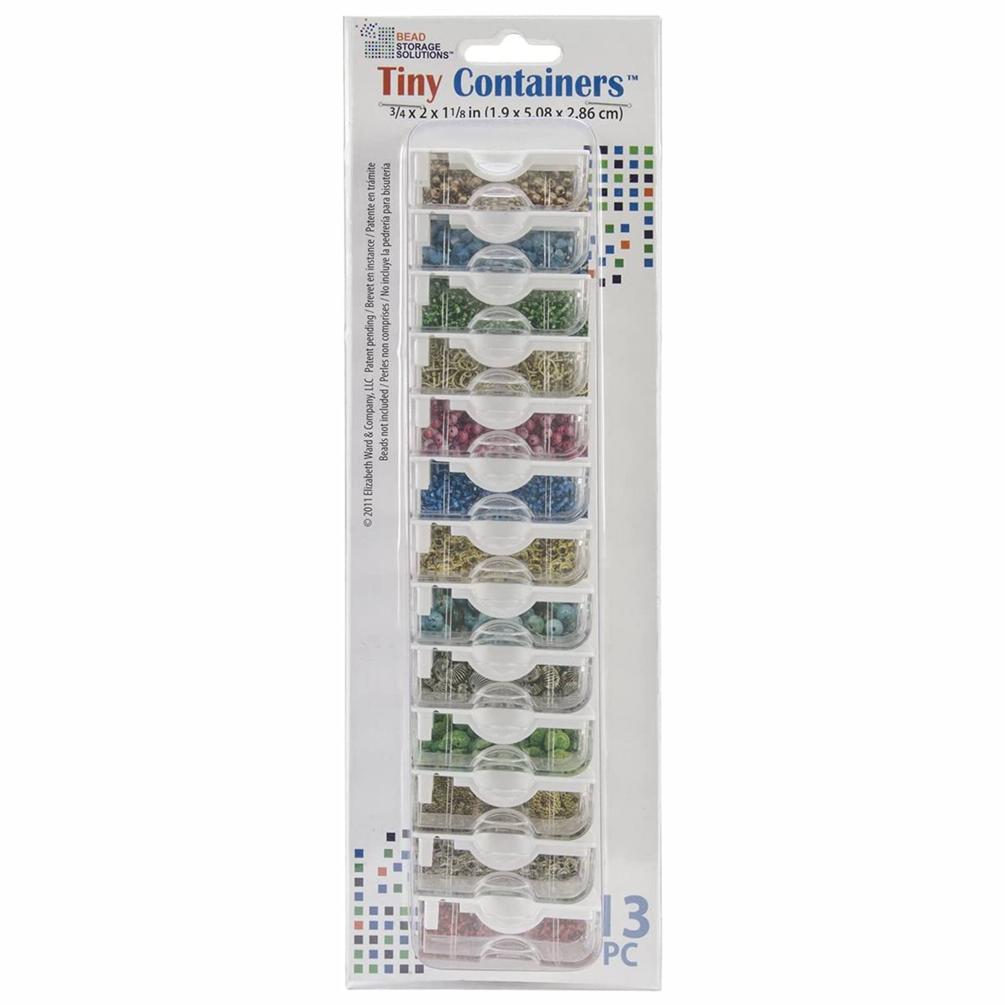 BEAD STORAGE SOLUTIONS  
Tiny Containers™  
3/4 x 2 x 1 1/8 in (1.9 x 5.08 x 2.86 cm)  

Elizabeth & Company, Inc.  
Beads included are non-precious and not intended for jewelry making.  
Patent pending.  
Brevet en instance.  

13 PC