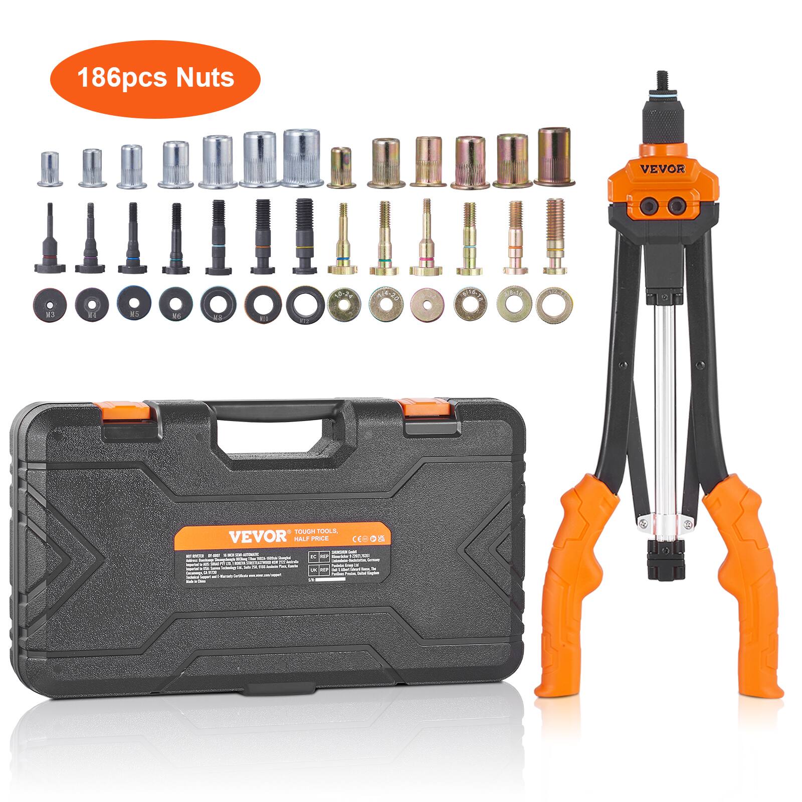 VEVOR - Rivet Nut Tool, 16 inch Rivnut Tool Kit with 13PCS Metric and SAE Mandrels, 186PCS Rivet Nuts, Semi-auto Retraction - Orange