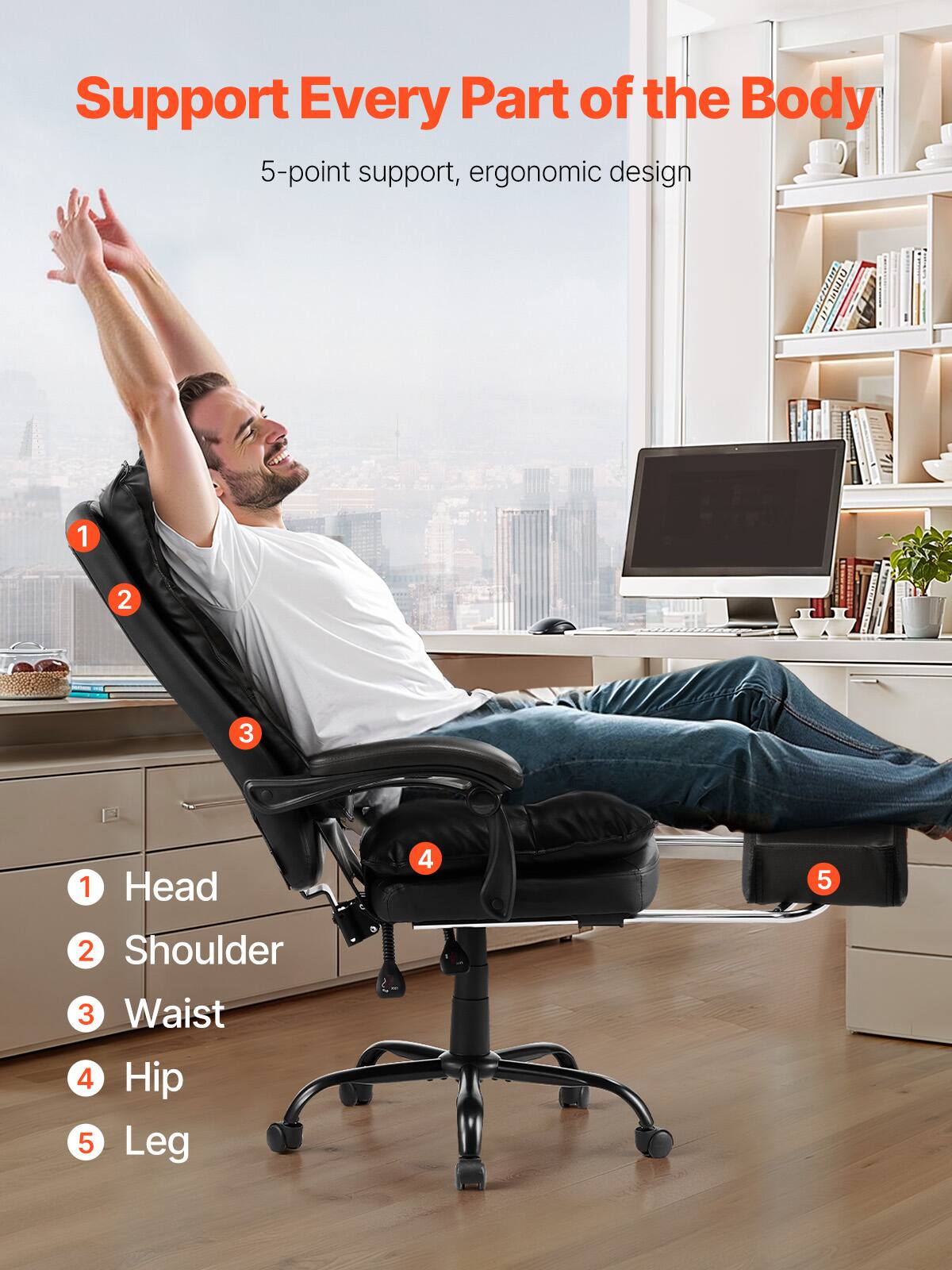 Support Every Part of the Body

5-point support, ergonomic design

1. Head
2. Shoulder
3. Waist
4. Hip
5. Leg
