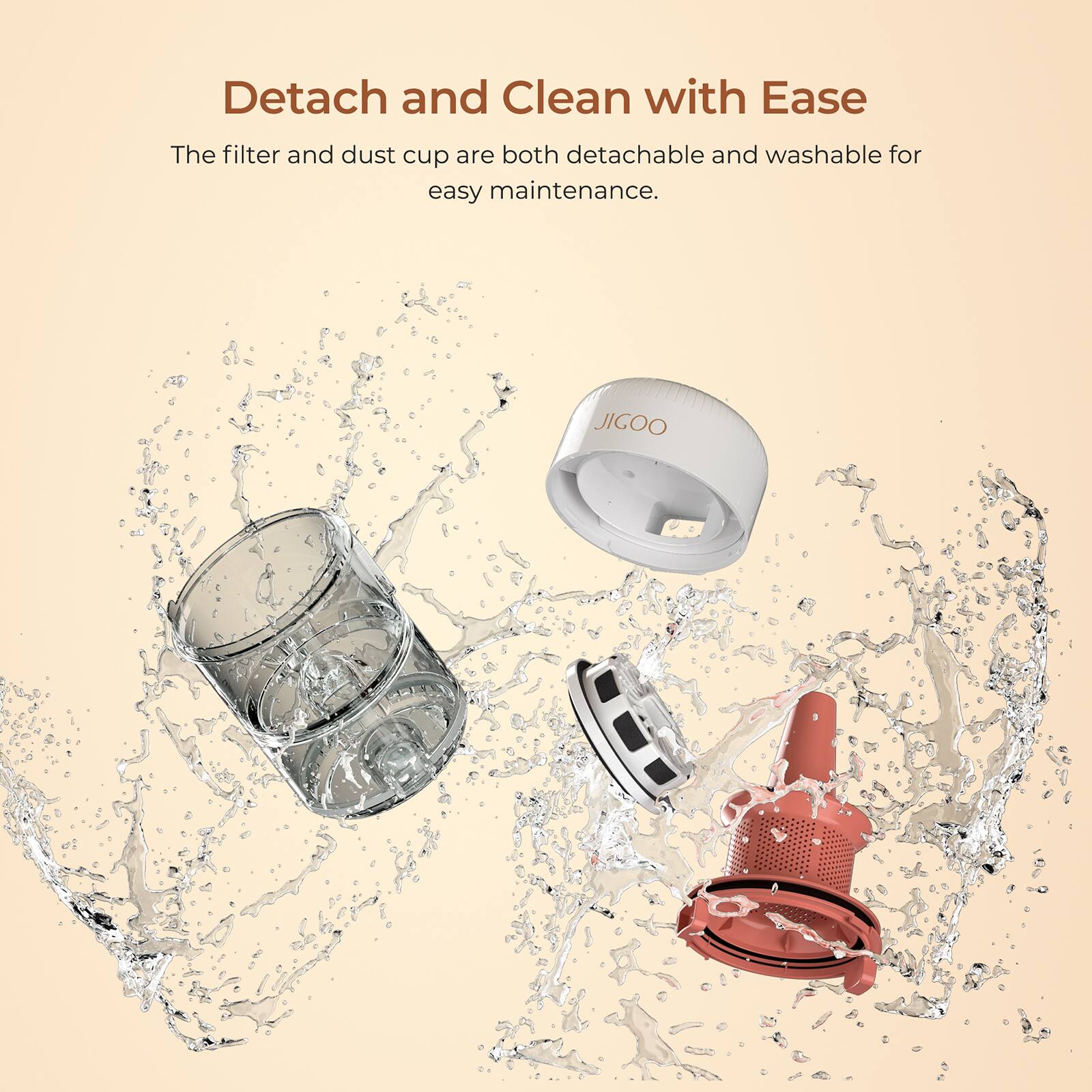 Detach and Clean with Ease: The filter and dust cup are both detachable and washable for easy maintenance. JIGOO.