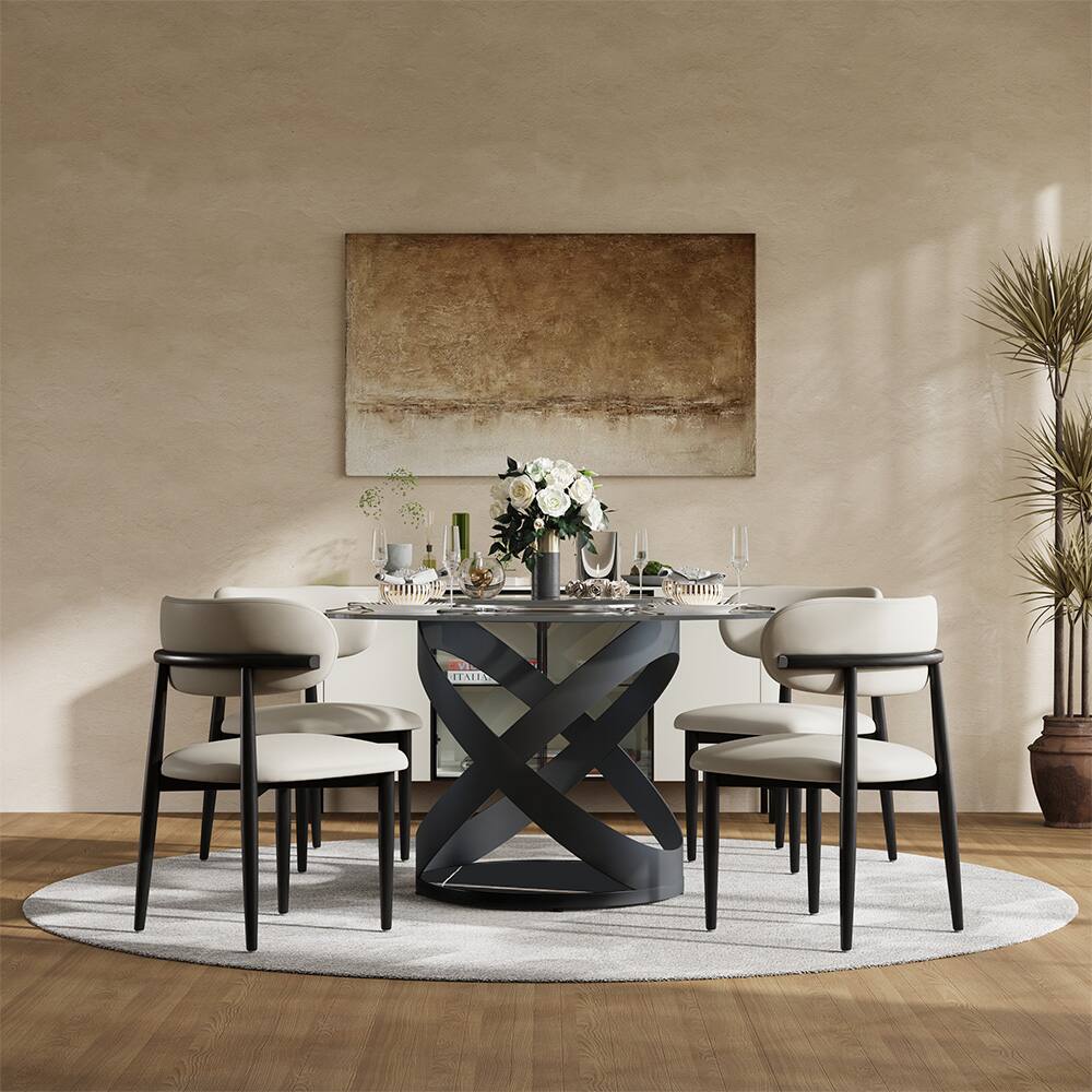 Angle. POVISON - 51" Modern Glass Round Dining Table for 4 with Lazy Susan, Clear Tempered Glass Tabletop, Black X Carbon Steel Base - Clear Tempered Glass with Black.