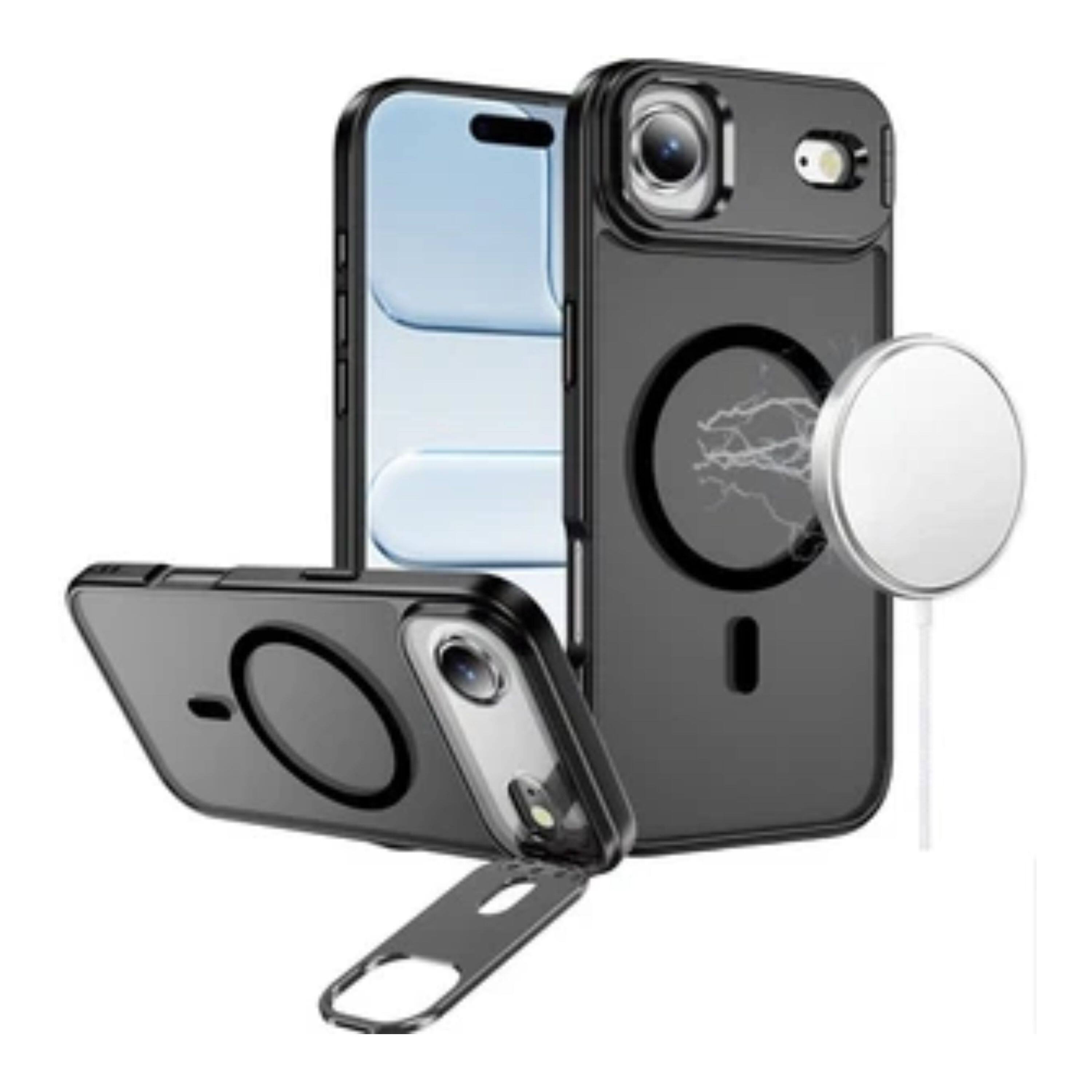 Angle. Kitcheniva - Matte Magnetic Circle Metallic Lens Stand Phone Case With Tempered Glass For iPhone Air Black - Black.