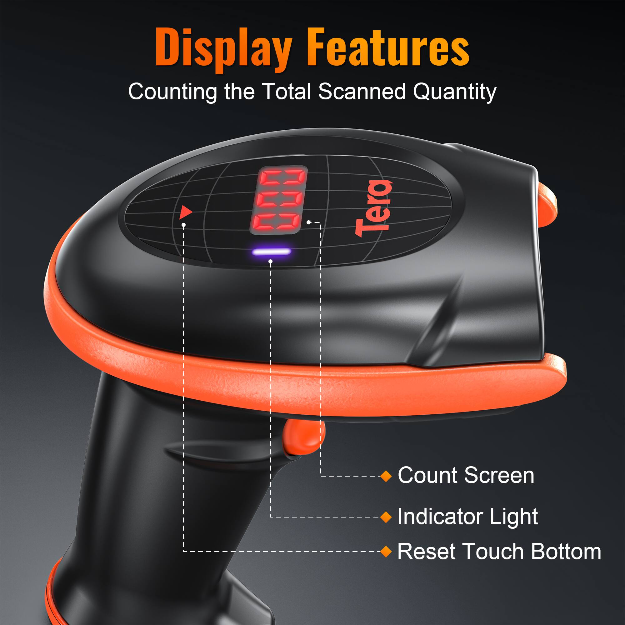 Display Features  
Counting the Total Scanned Quantity  

- Count Screen  
- Indicator Light  
- Reset Touch Bottom