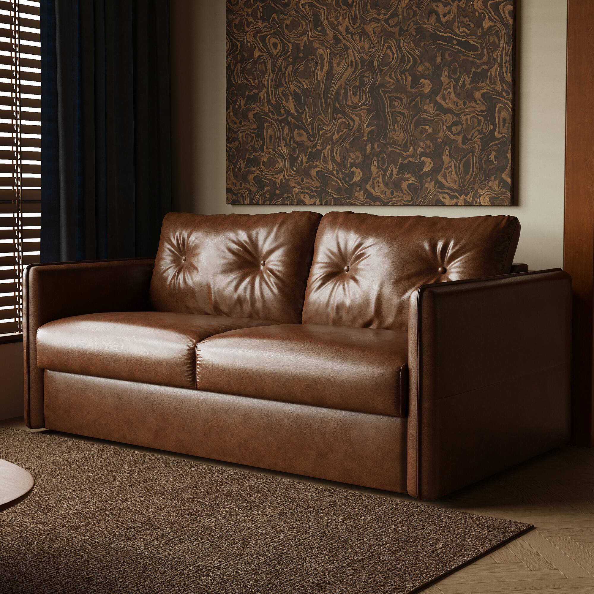 luck idea - 63" Modern Sleeper Sofa Bed, Oil Wax Leather Couch with High-Density Foam Cushions (Mattress Included) - Brown