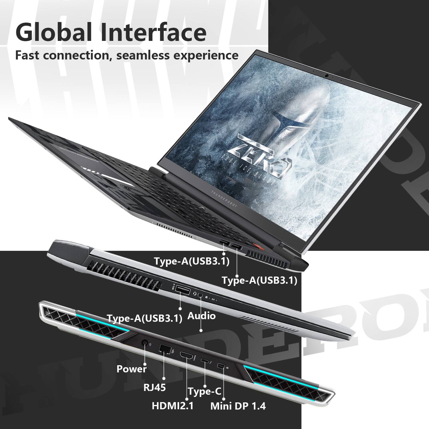 Global Interface  
Fast connection, seamless experience  

Type-A (USB3.1)  
Type-A (USB3.1)  
Type-A (USB3.1)  
Audio  
Power  
RJ45  
HDMI2.1  
Type-C  
Mini DP 1.4
