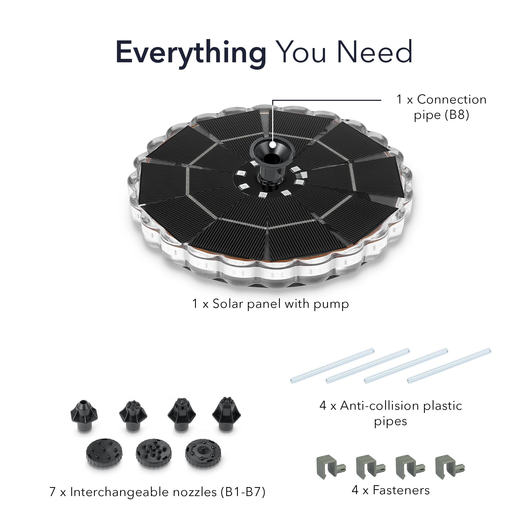 Everything You Need

1 x Connection pipe (B8)

1 x Solar panel with pump

4 x Anti-collision plastic pipes

7 x Interchangeable nozzles (B1-B7)

4 x Fasteners